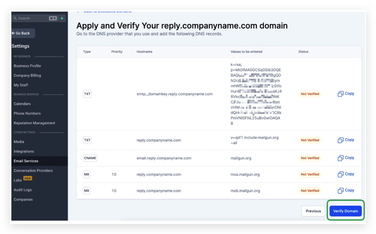 Verify DNS Settings button in the platform