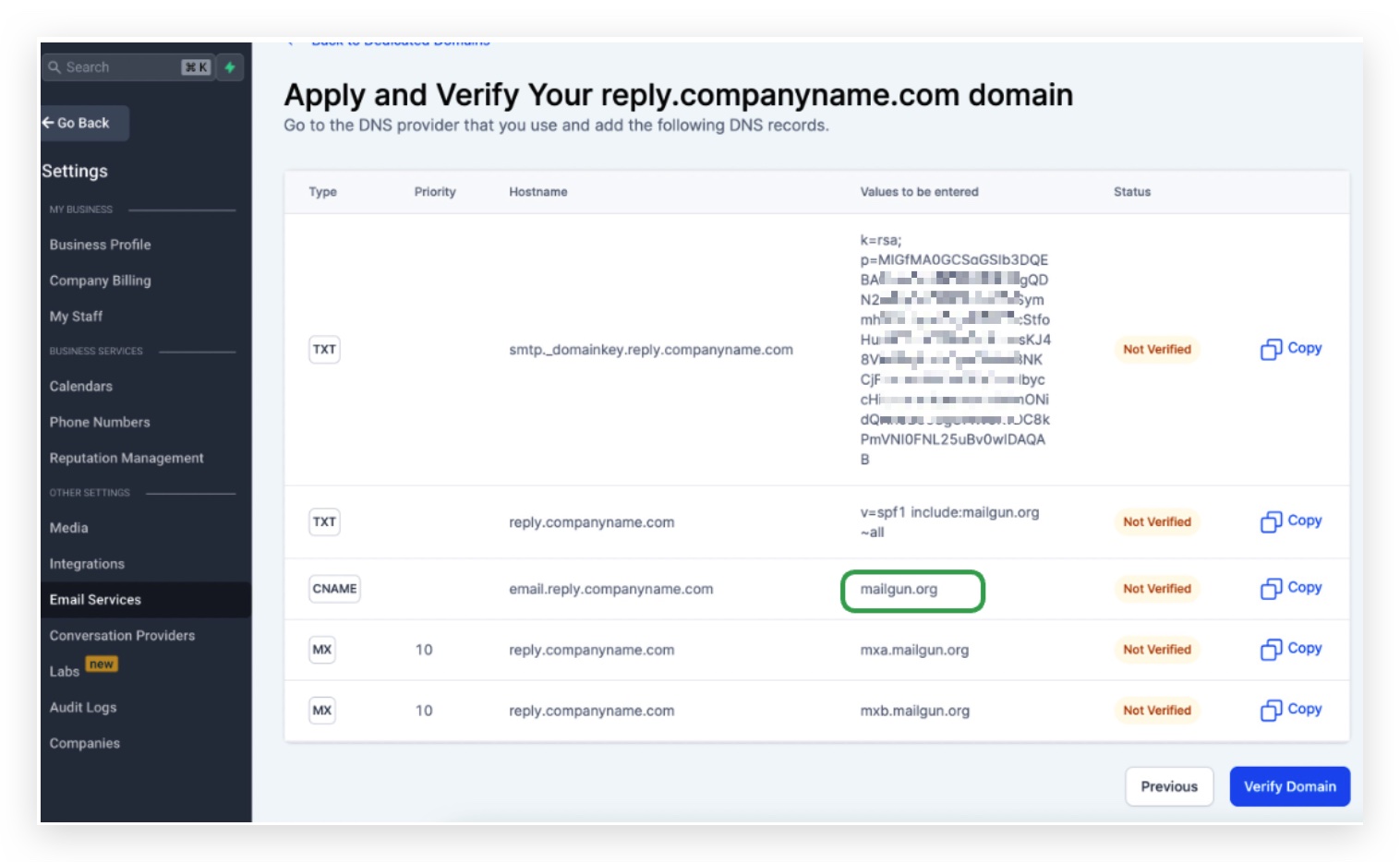 CNAME Resolves To field set to mailgun.org