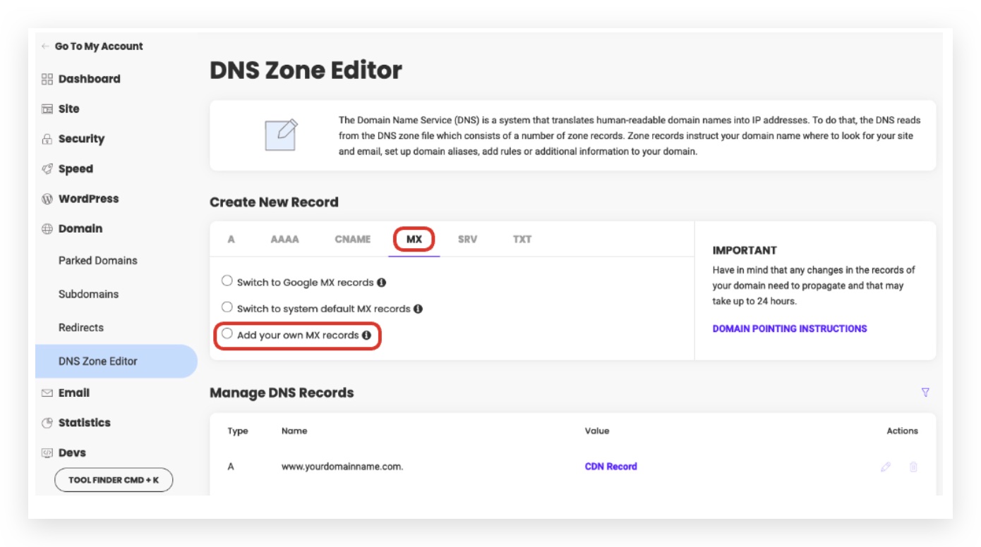 Clicking MX tab and selecting Add your own MX records