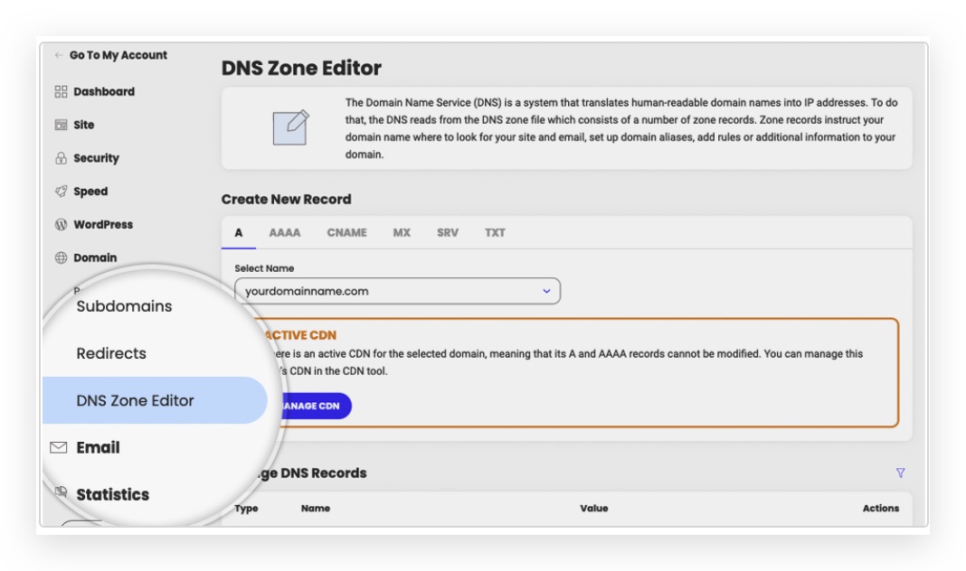 Siteground Site Tools > Domain > DNS Zone Editor