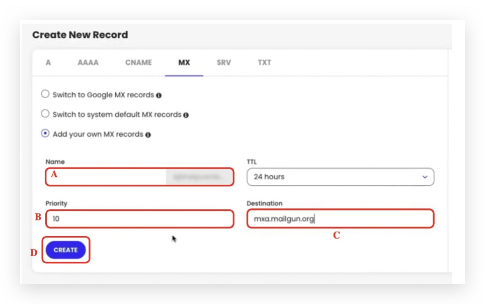 MX record form with Add your own MX records selected