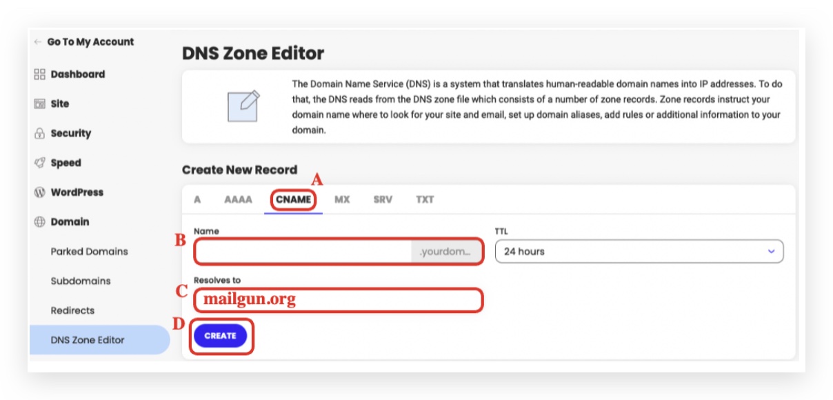 CNAME record form in Siteground DNS Zone Editor
