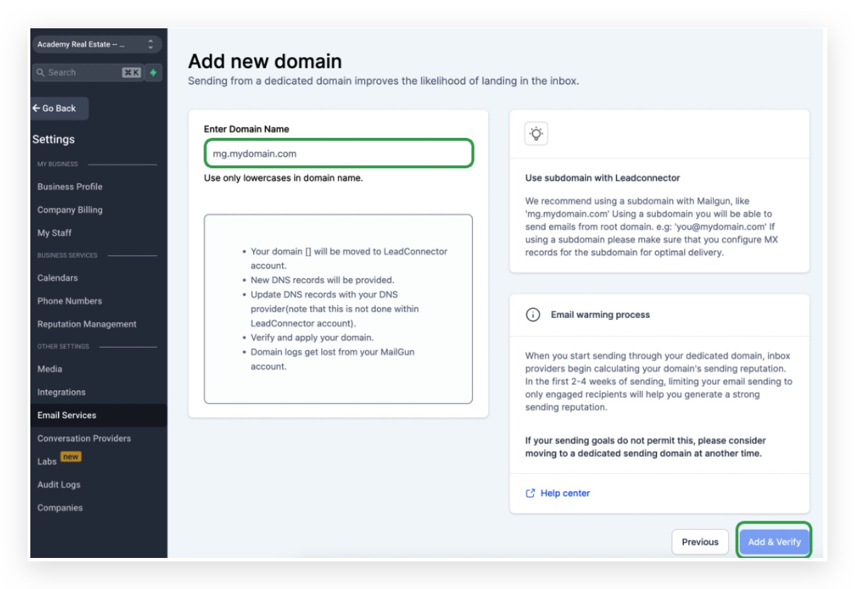Add & Verify button in the platform