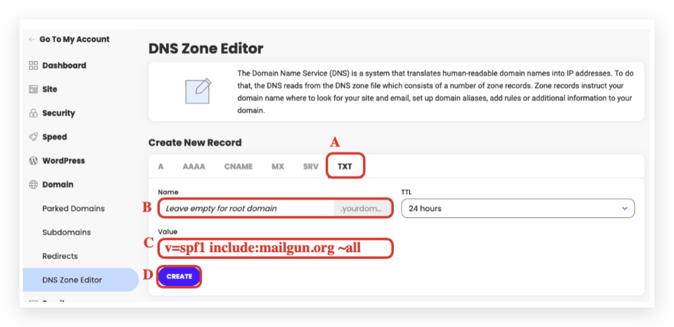 Create New Record section in Siteground DNS Zone Editor
