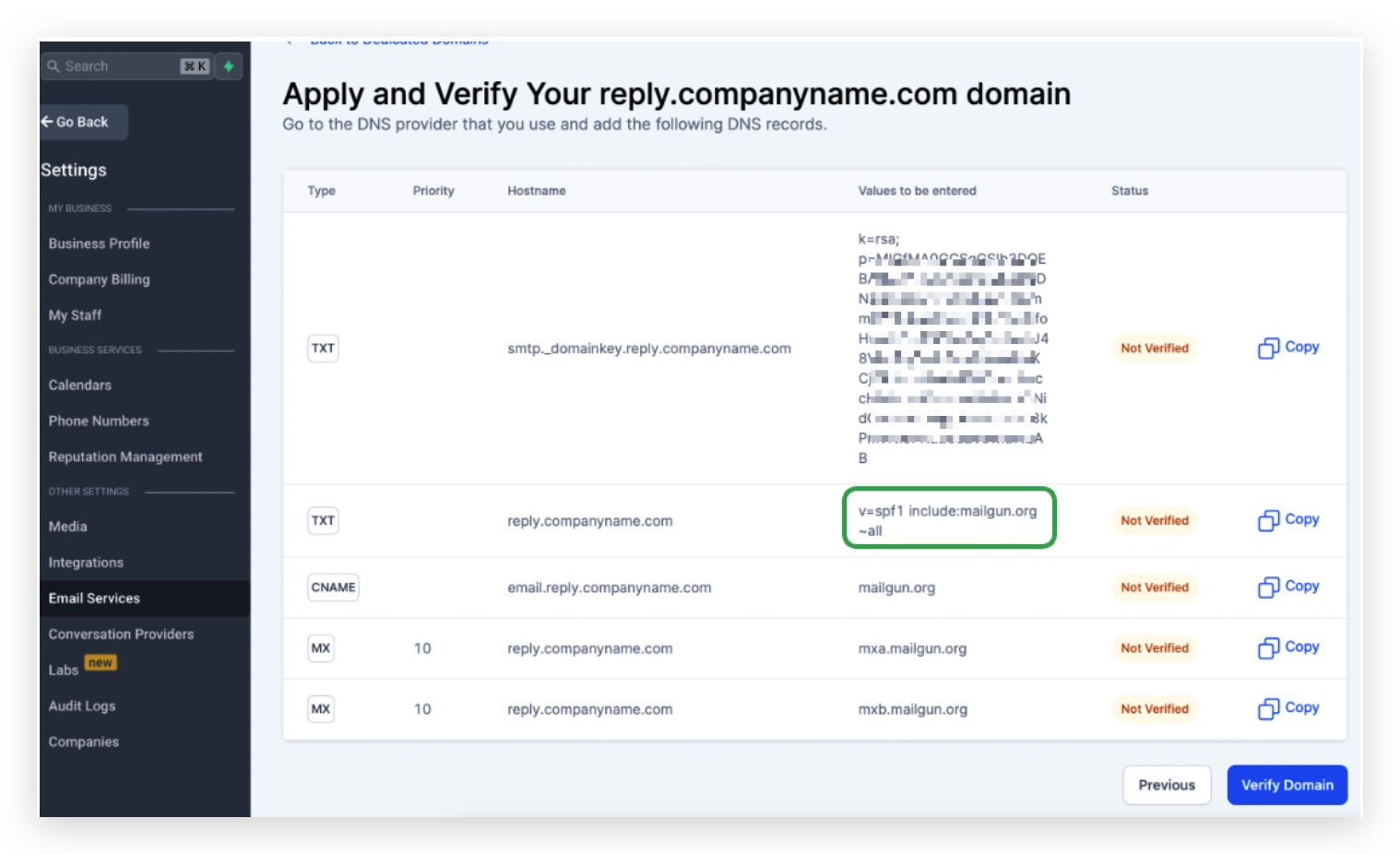 Value field for 1st TXT record — SPF value