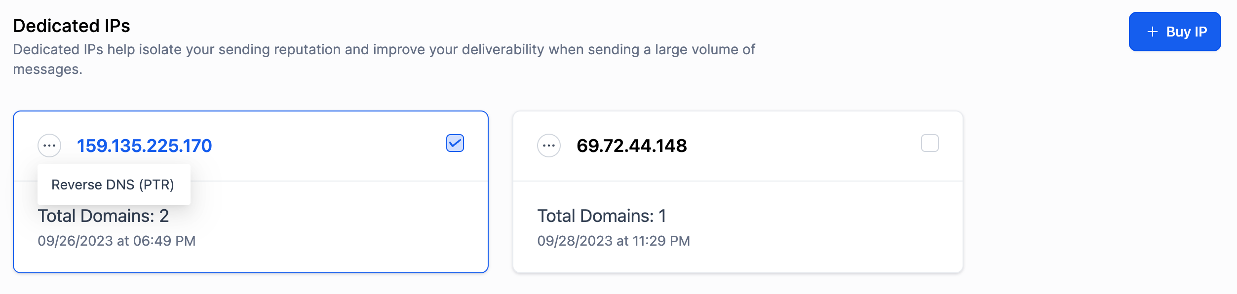Three-dot menu on dedicated IP showing Reverse DNS (PTR) option