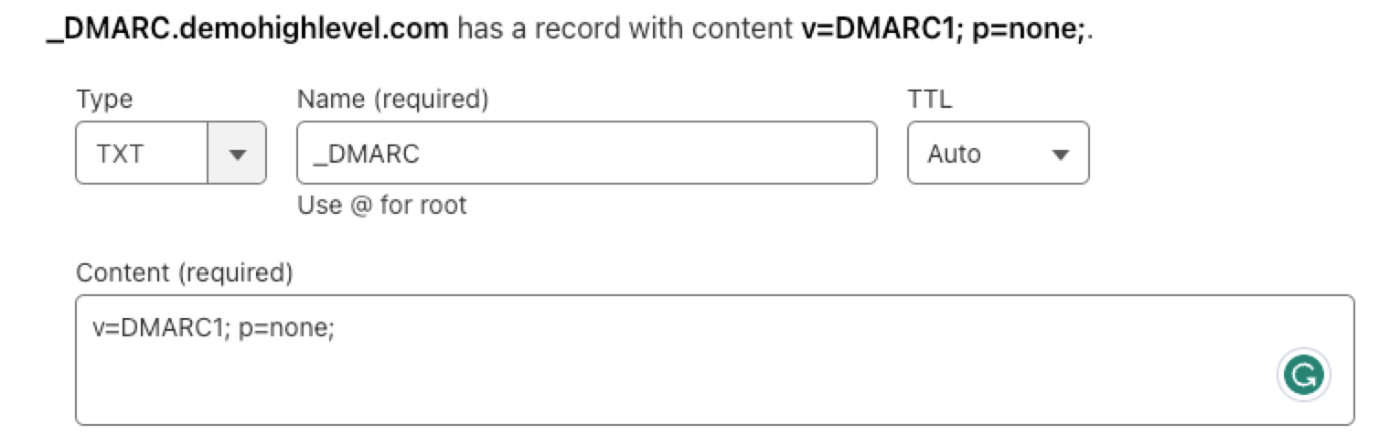 DMARC TXT record configured in Cloudflare DNS for demohighlevel.com