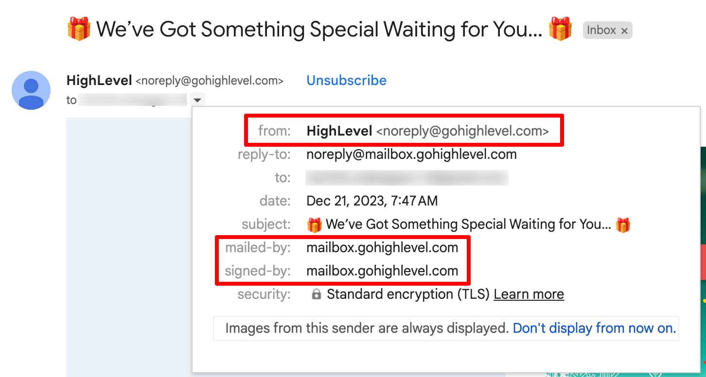 Example showing a dedicated sending domain displayed in Gmail