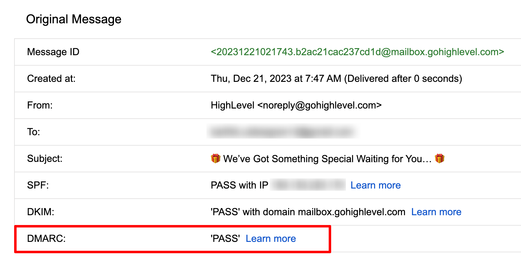 Gmail email header showing a valid DMARC record passing authentication