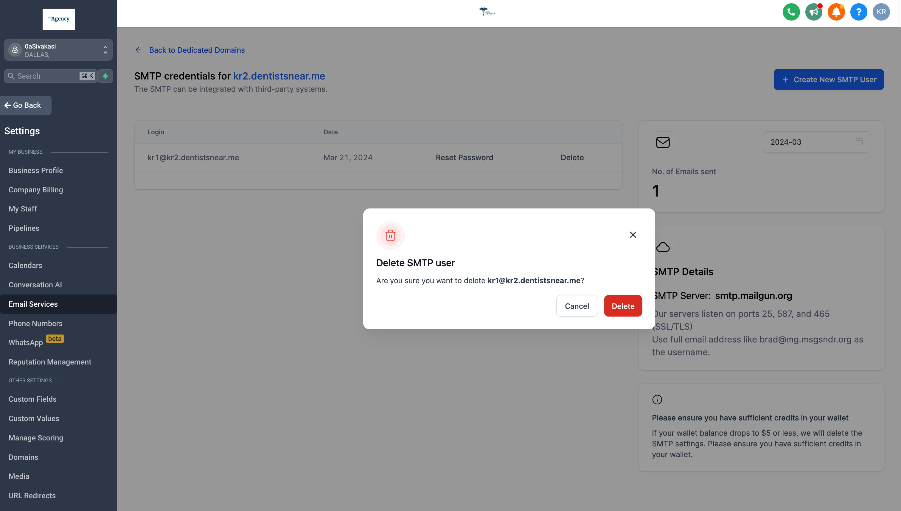 Confirm deletion of SMTP credential