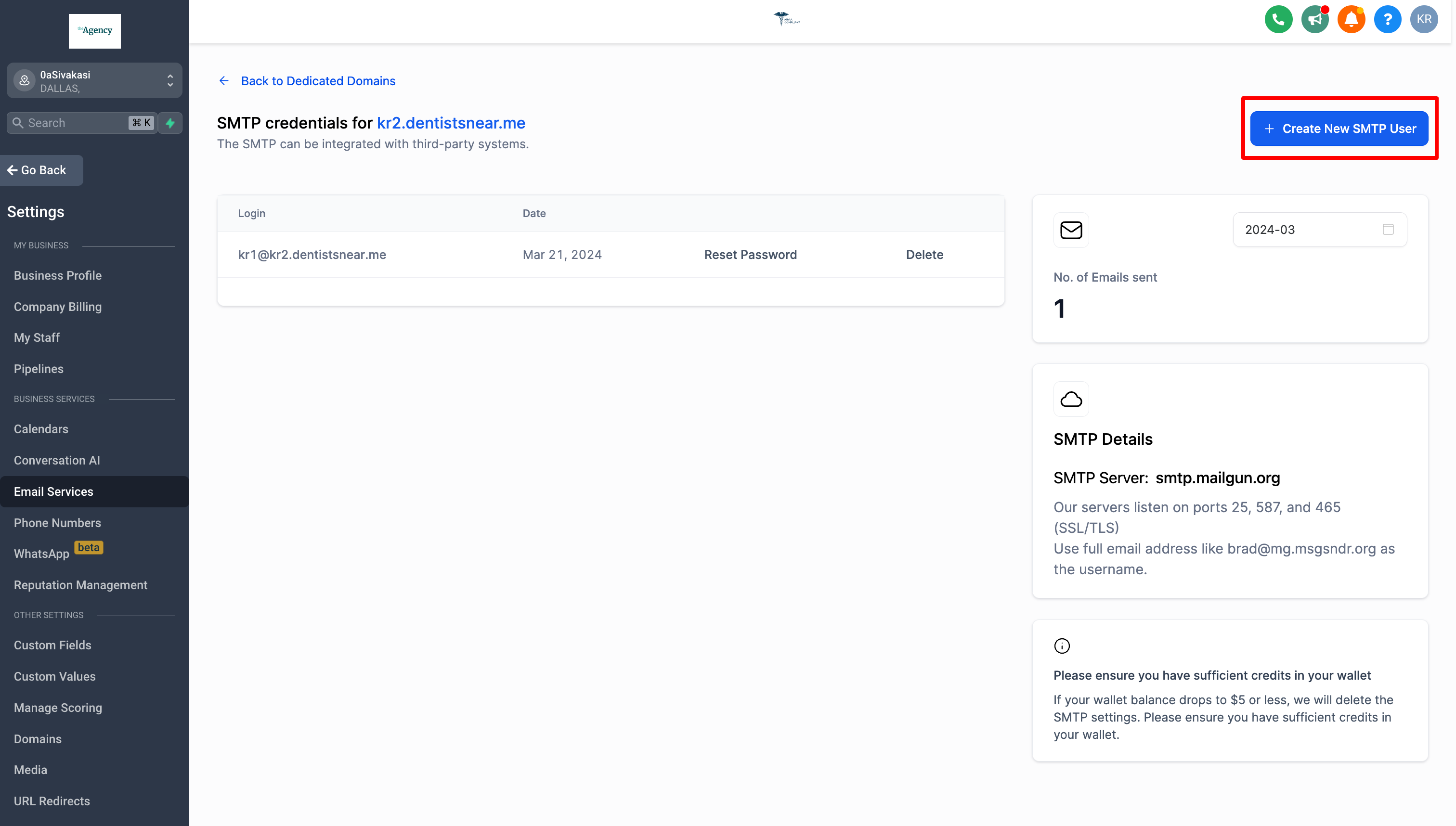 Create New SMTP User button and form