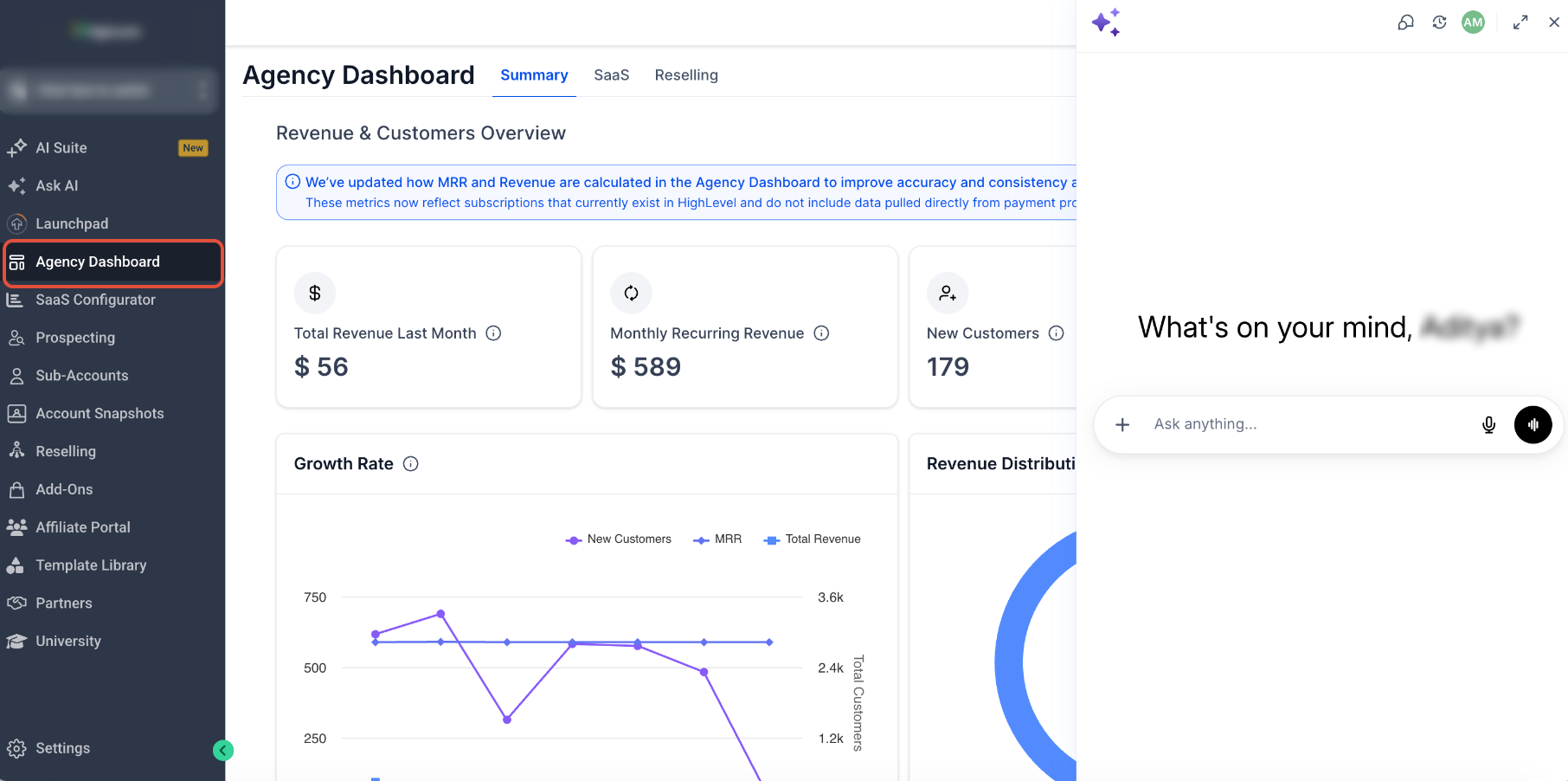 Ask AI panel open in Chat To Clients CRM