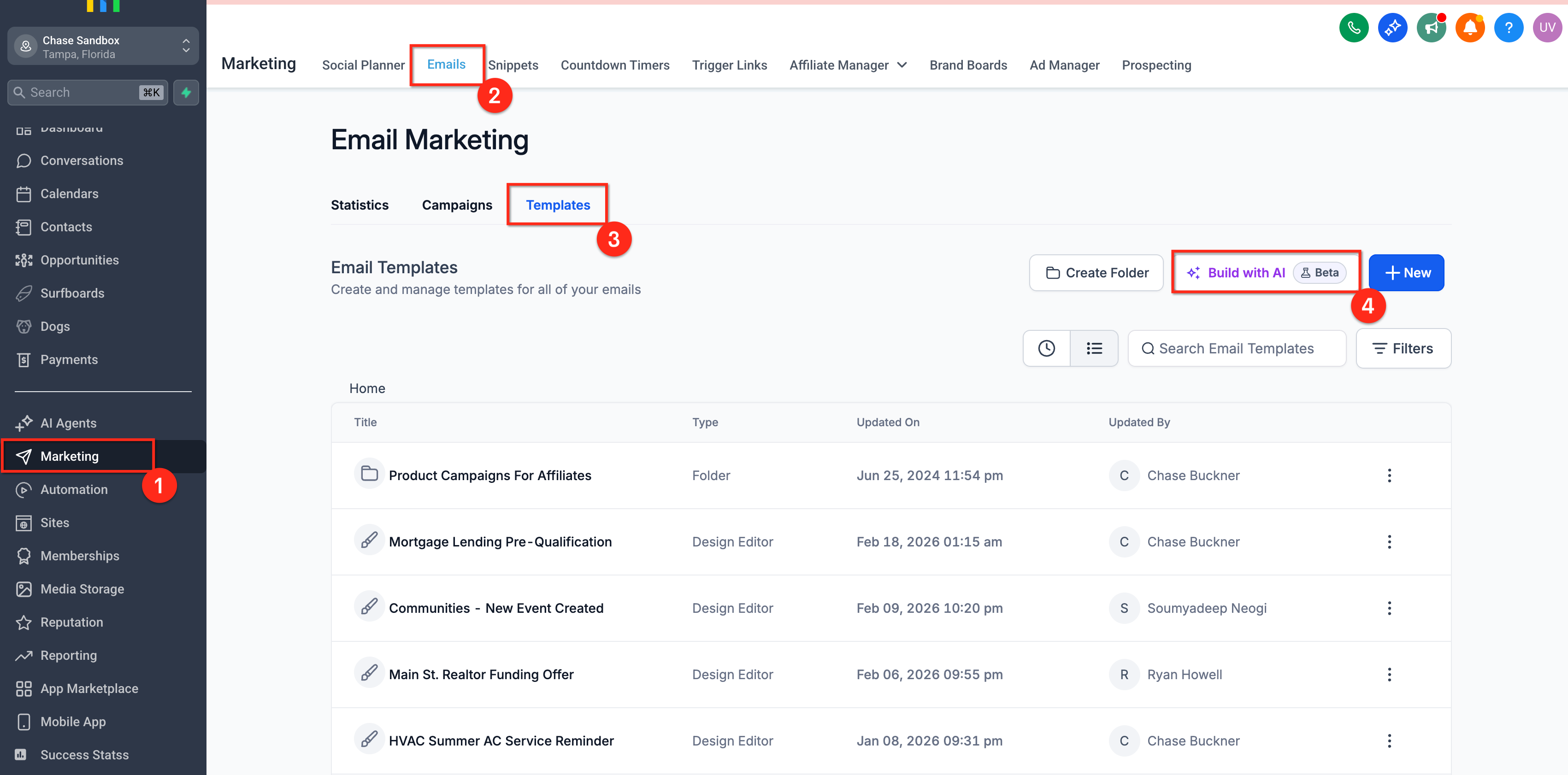 Build with AI button in Email Marketing templates
