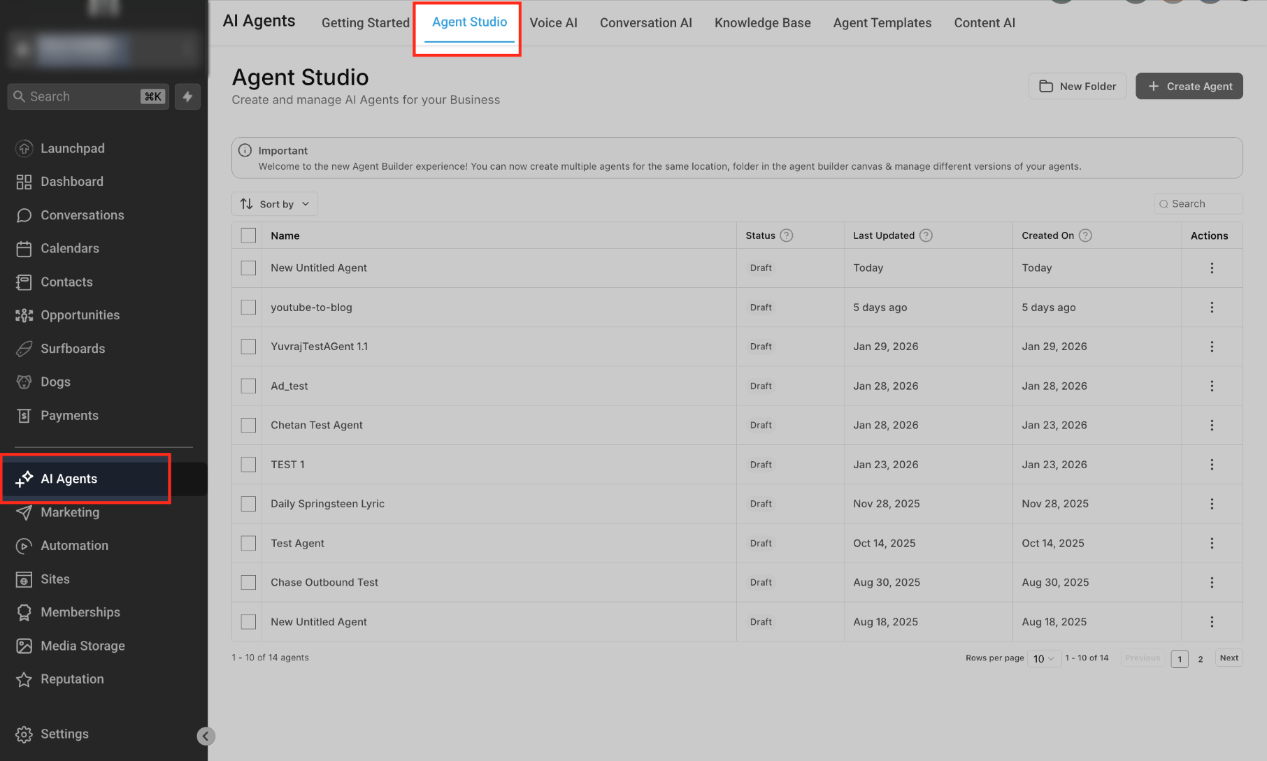 Agent Studio dashboard showing existing flow-based AI agents