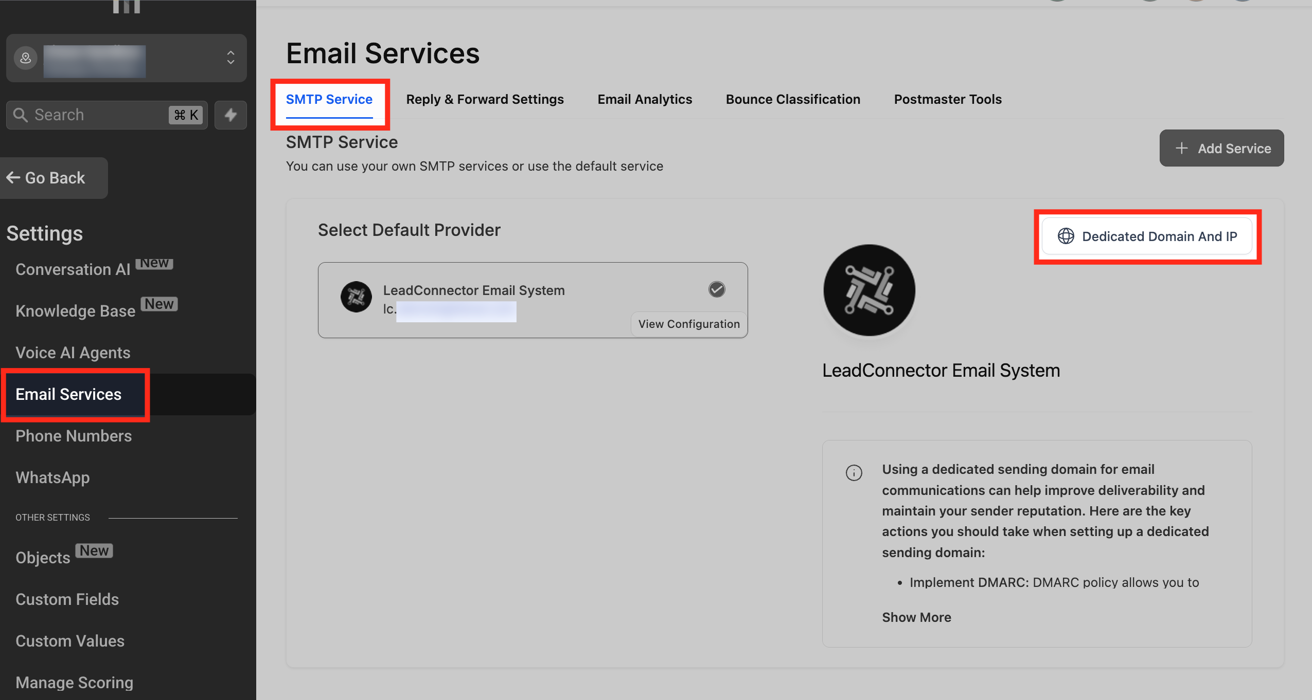 Settings > Email Services > Dedicated Domain & IP navigation