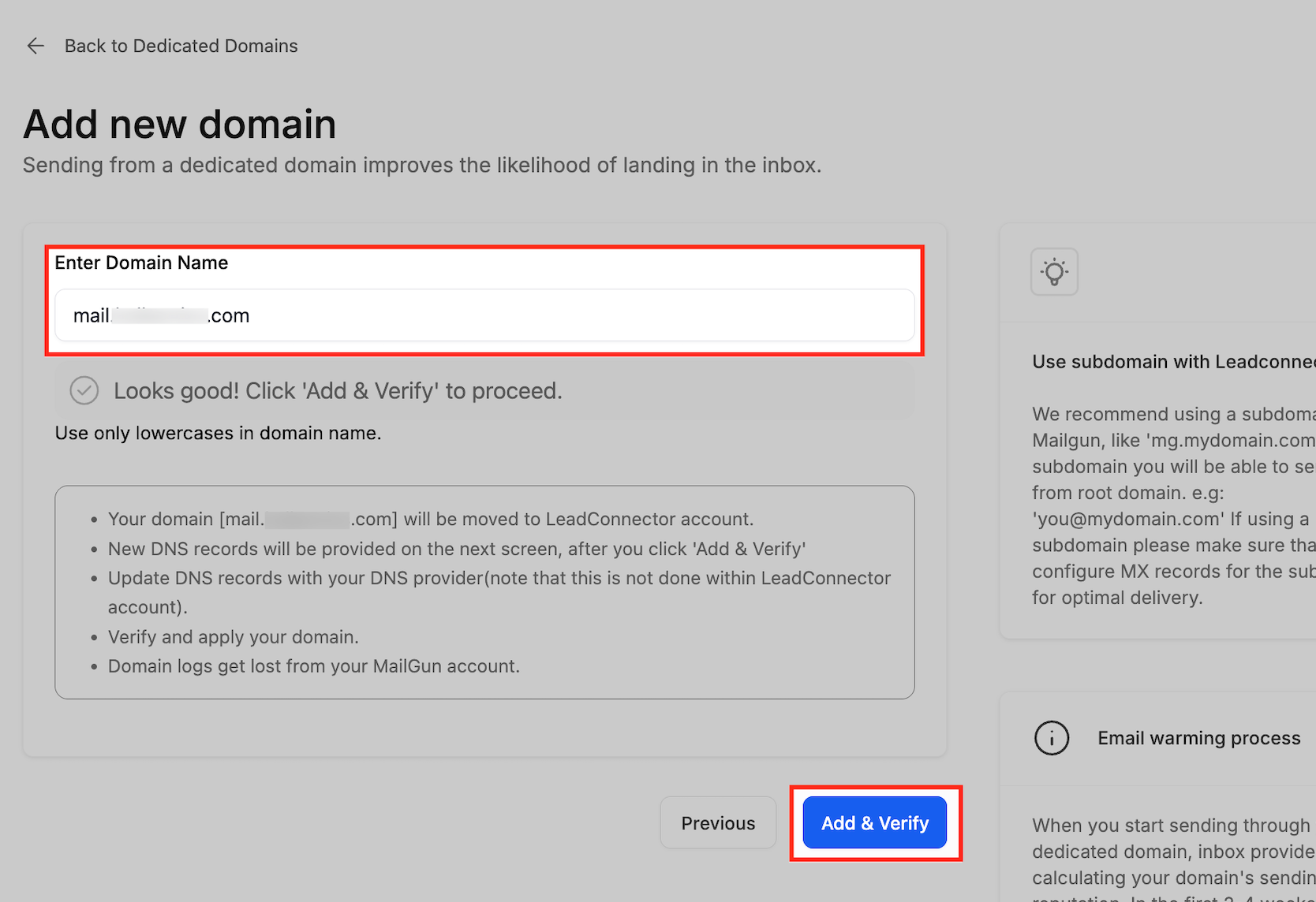 Add domain details form with subdomain entry and Add & Verify button