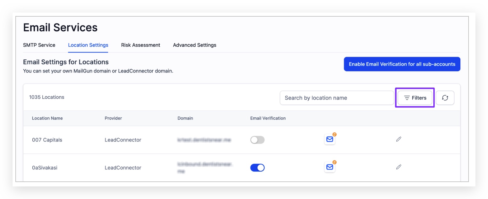 Agency Settings > Email Services > Location Settings with Filter button