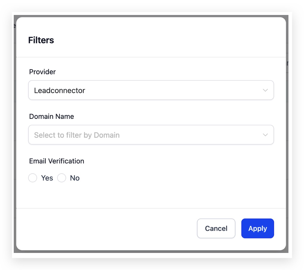 Filter by Chat To Clients CRM options showing domain name and email verification filters