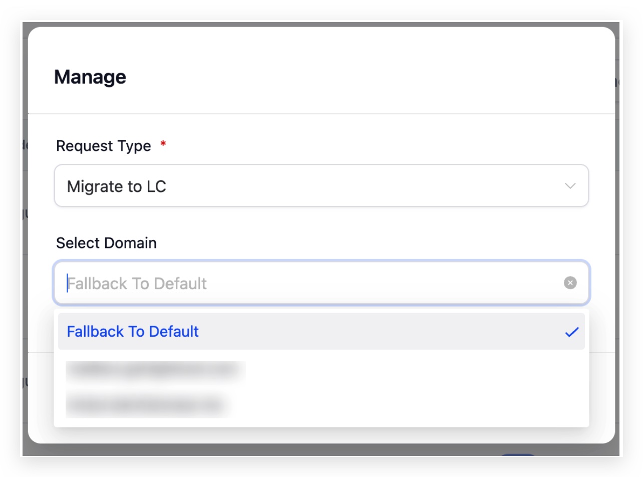 Domain selection screen for bulk migration with Confirm button