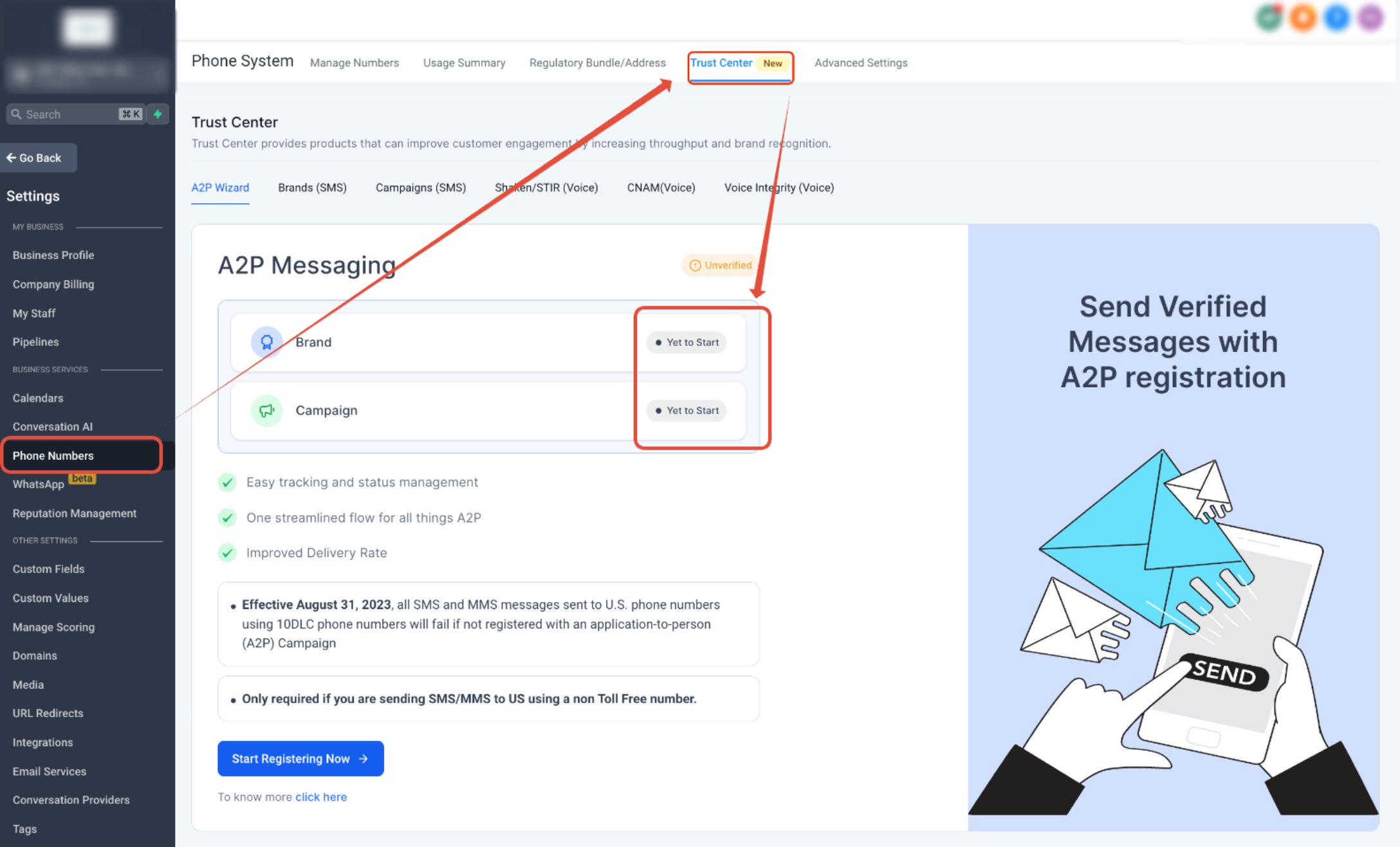 A2P Brand and Campaign registration flow in Chat To Clients CRM Trust Center