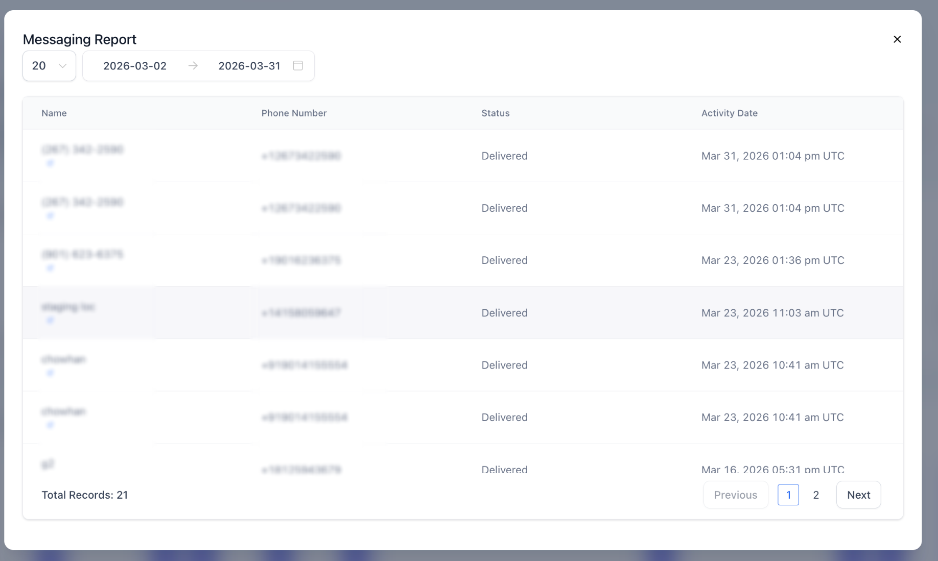 Detailed message logs modal