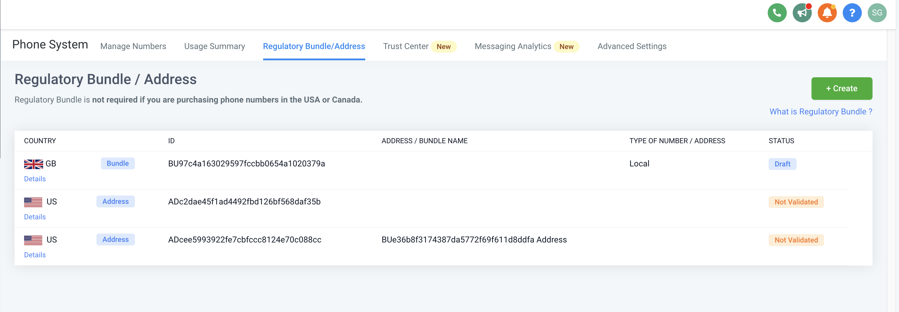 Regulatory Bundle and Address screen showing a UK regulatory bundle