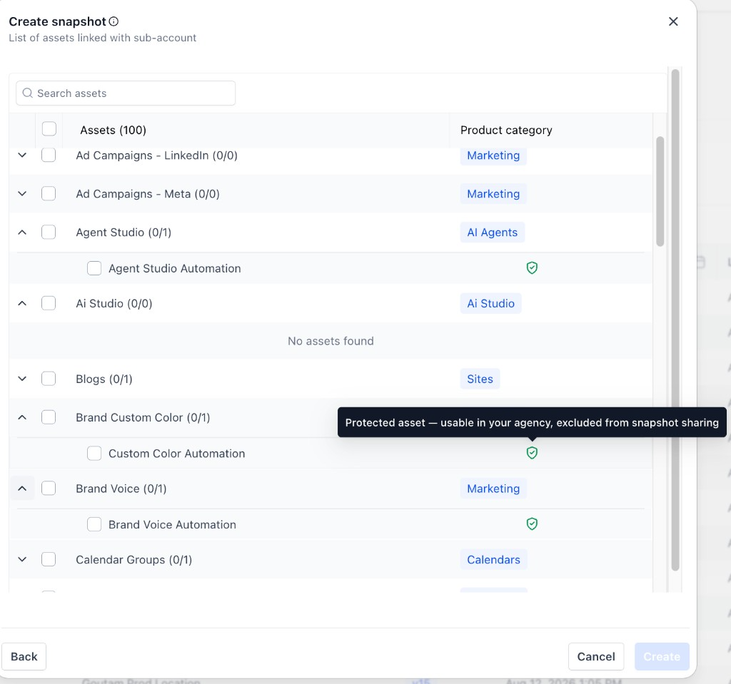 Create Snapshot asset selector showing protected assets available for internal reuse