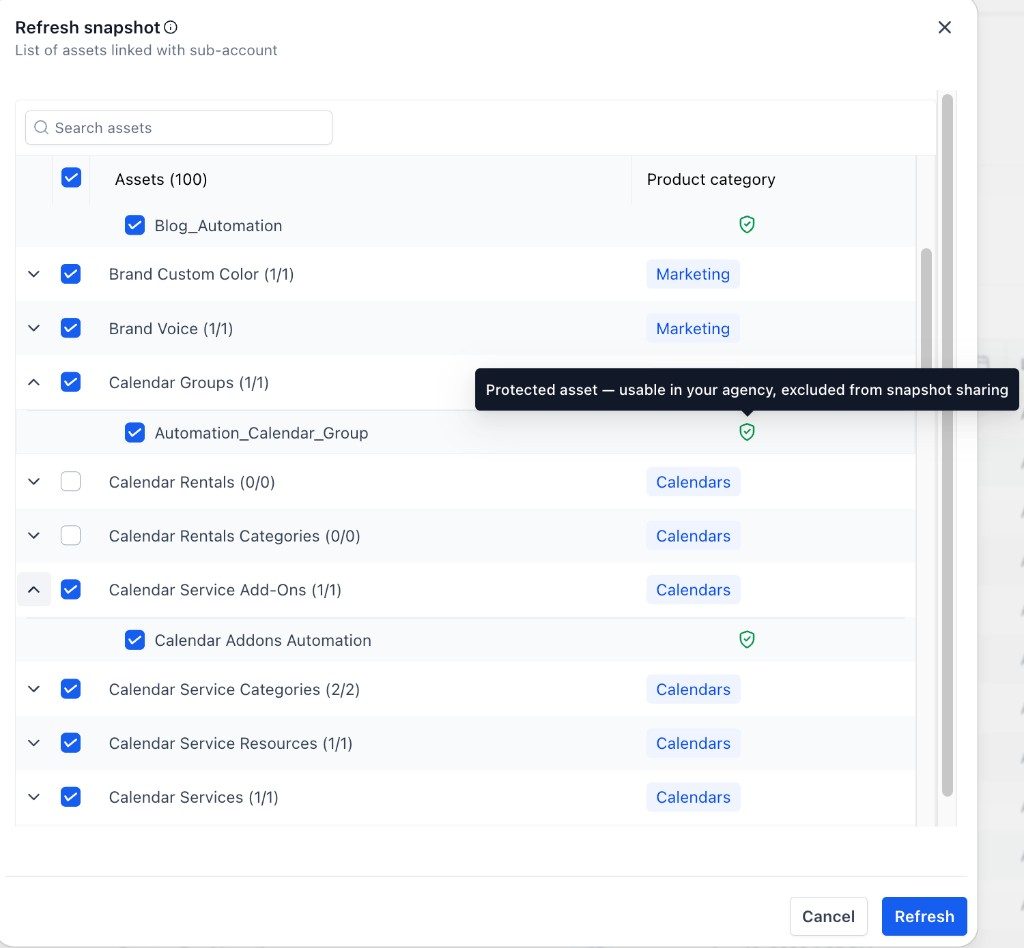 Refresh Snapshot asset selector showing protected assets available for internal reuse