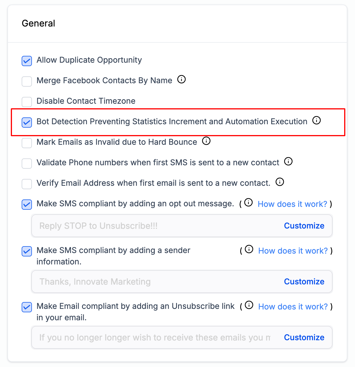 Bot Detection Prevention settings under Business Profile → General