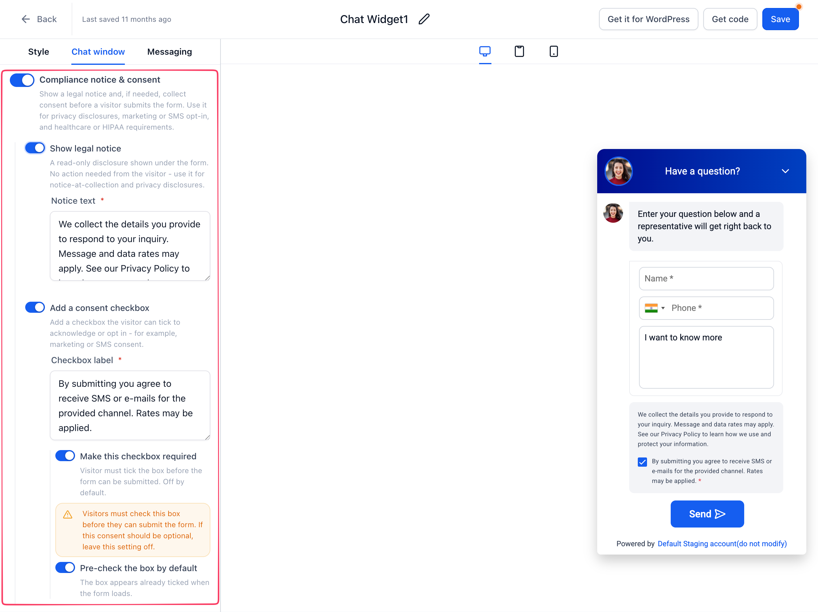 Compliance notice and consent settings
