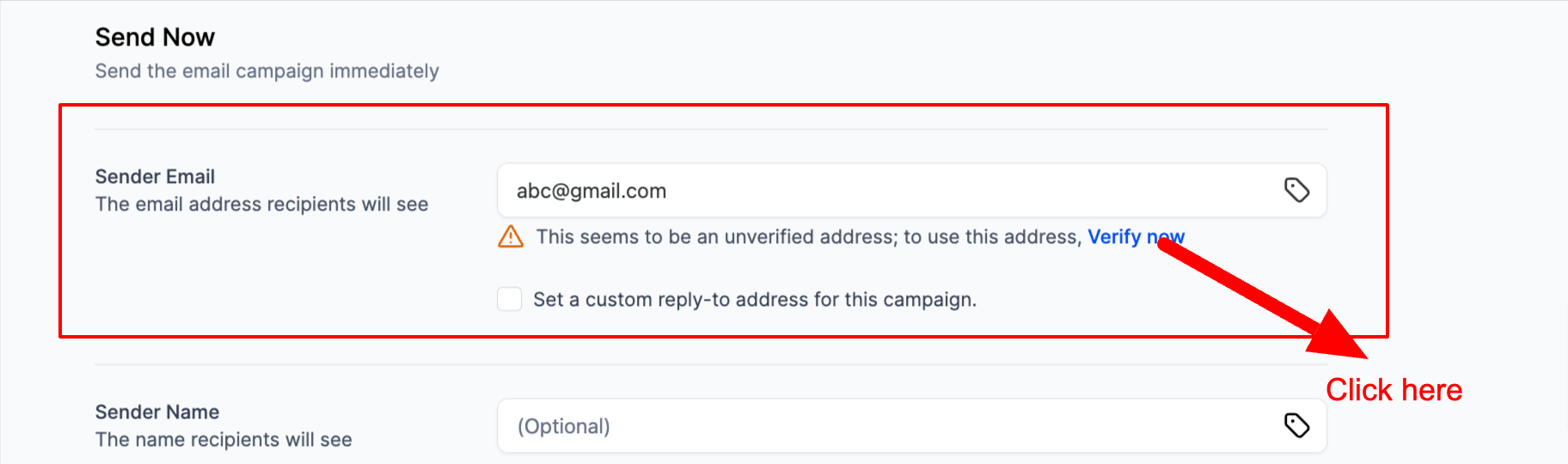Sender email field with the Verify Now button