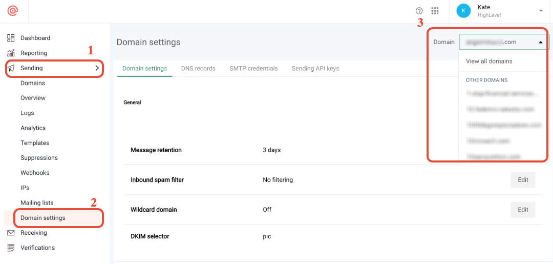 Mailgun Sending > Domain Settings with domain selected in top-right dropdown