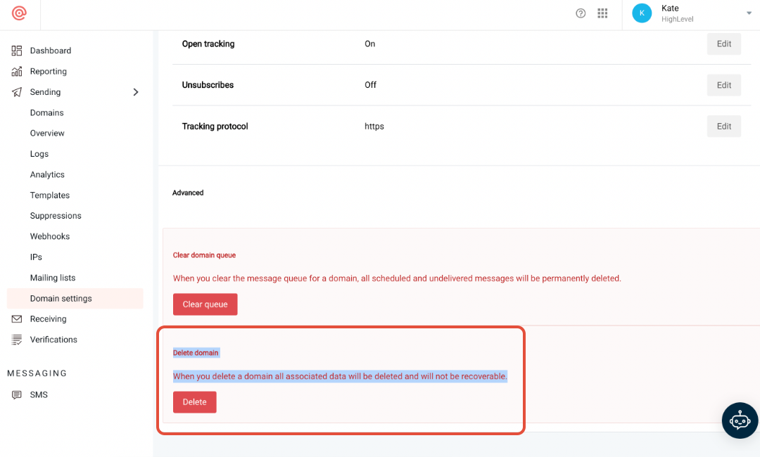Delete button at the bottom of Mailgun Domain Settings