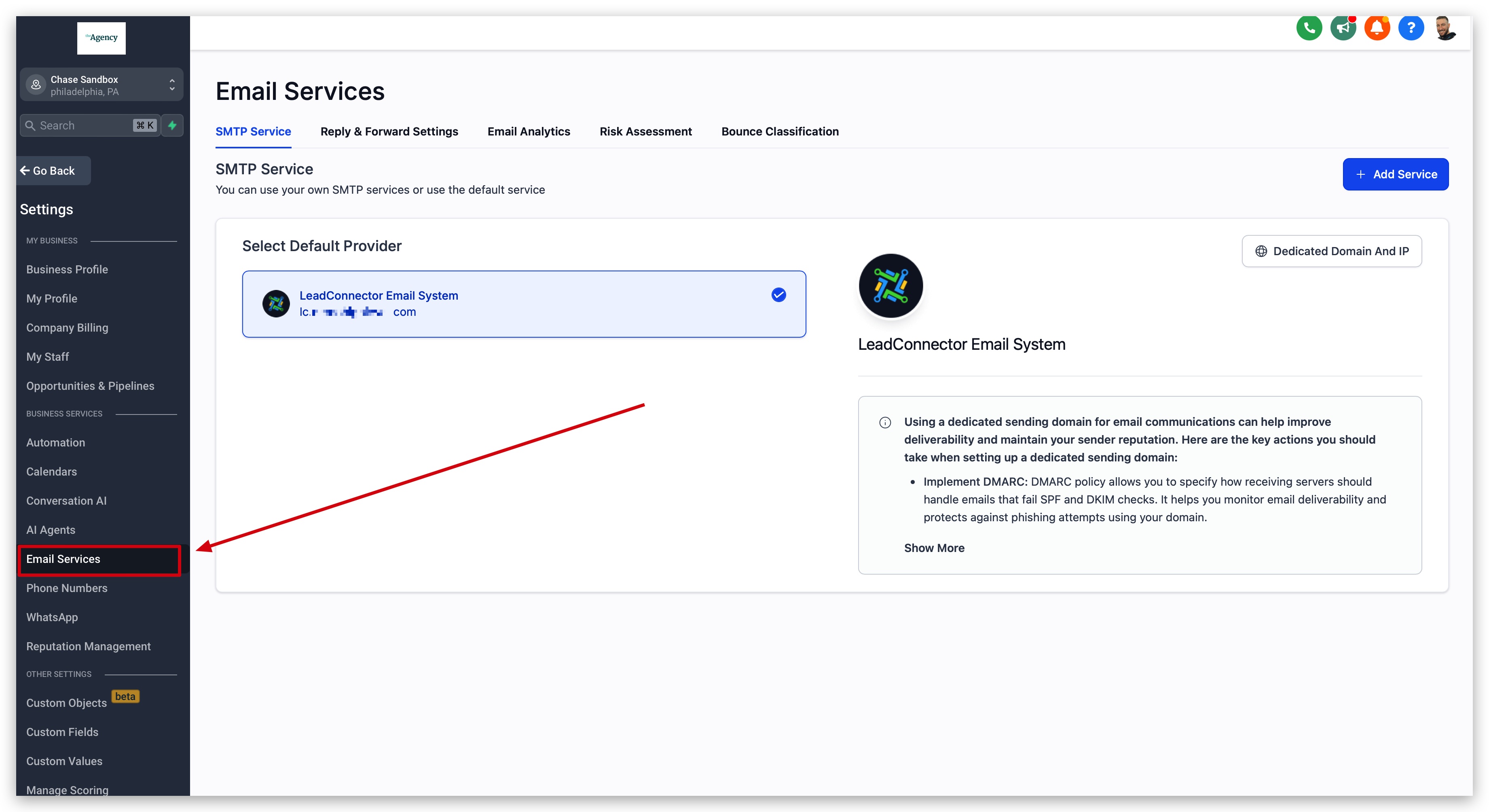 Email Services section in sub-account settings