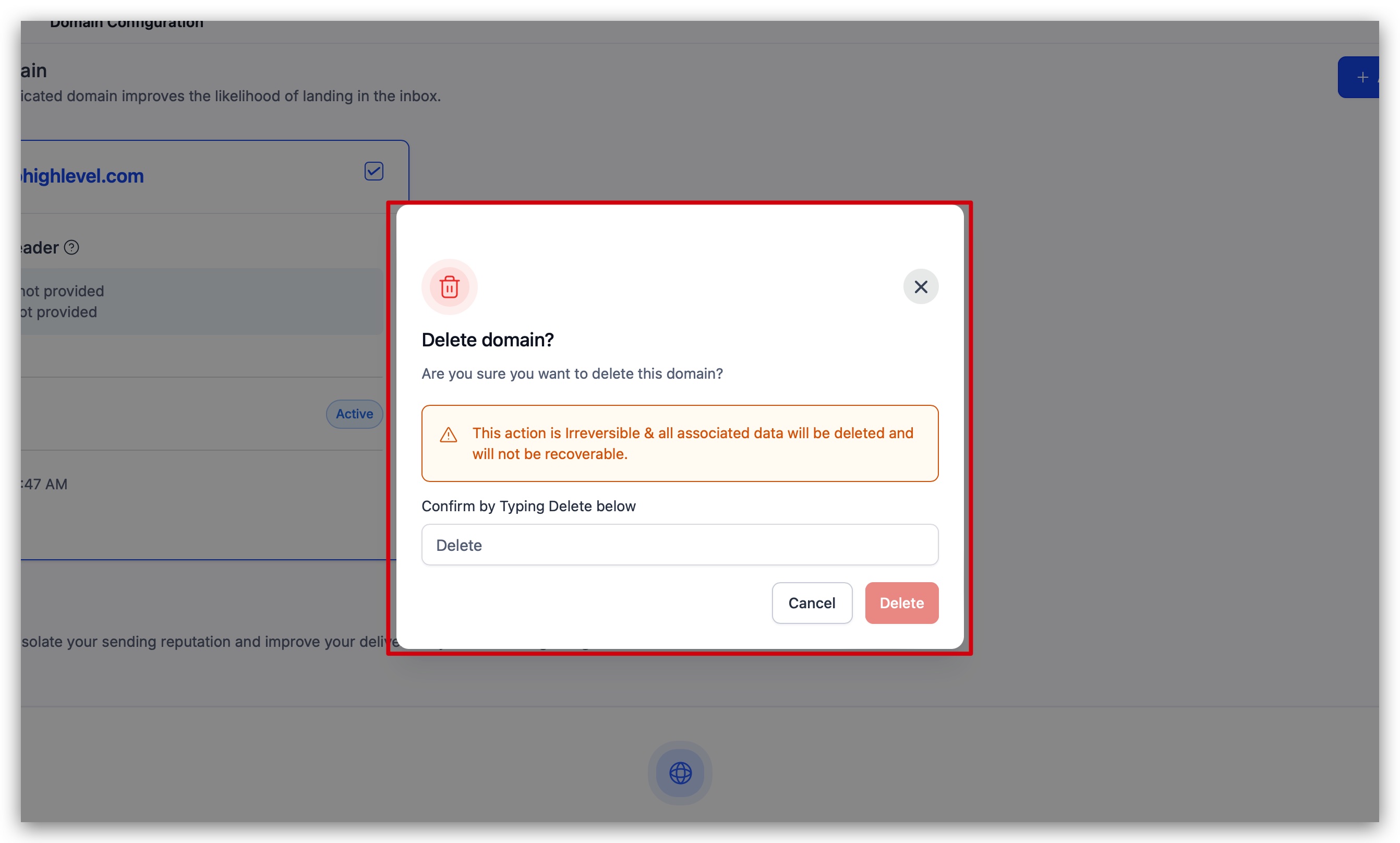 Confirmation popup to confirm domain deletion