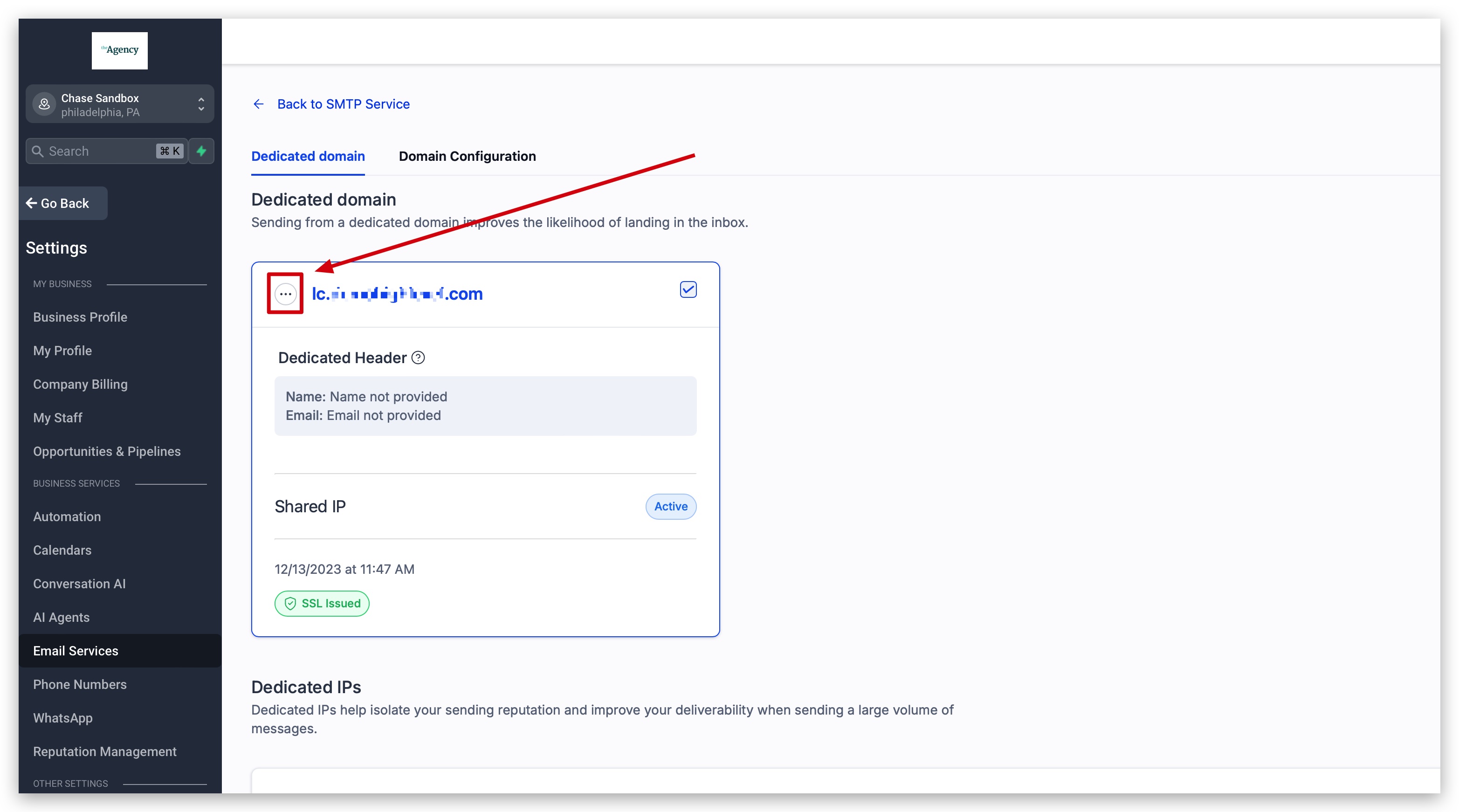 Three-dot actions menu on the domain card
