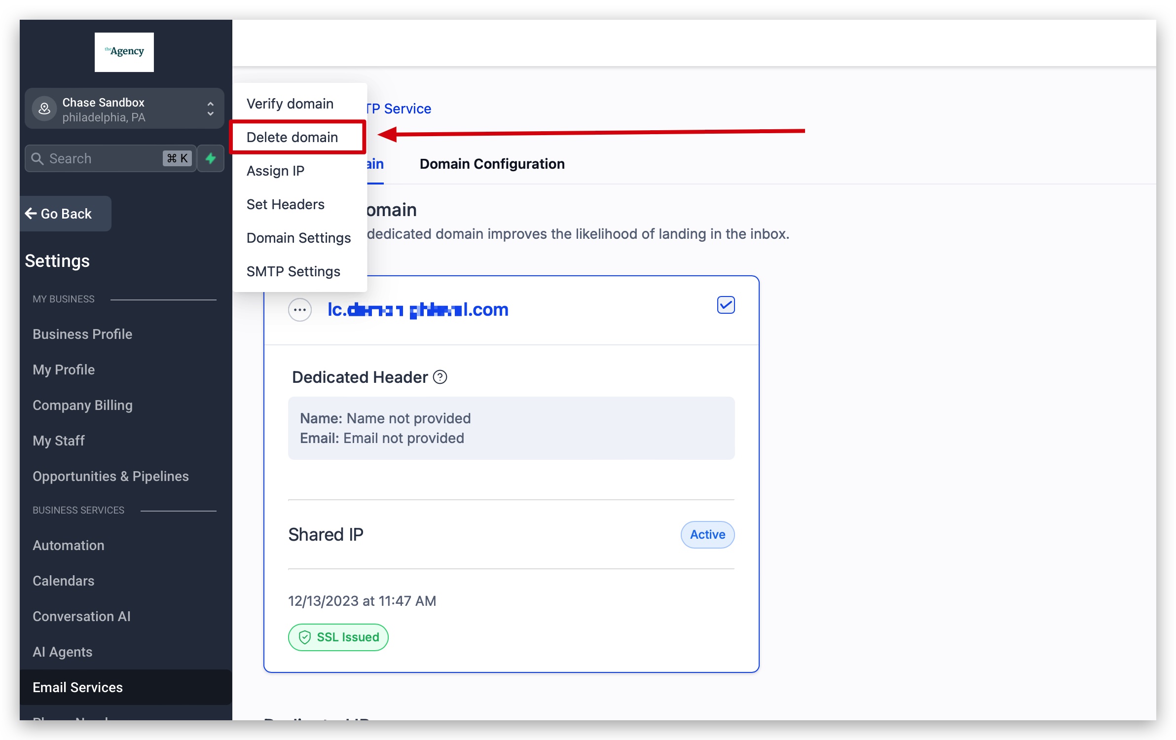 Delete Domain option in the actions menu