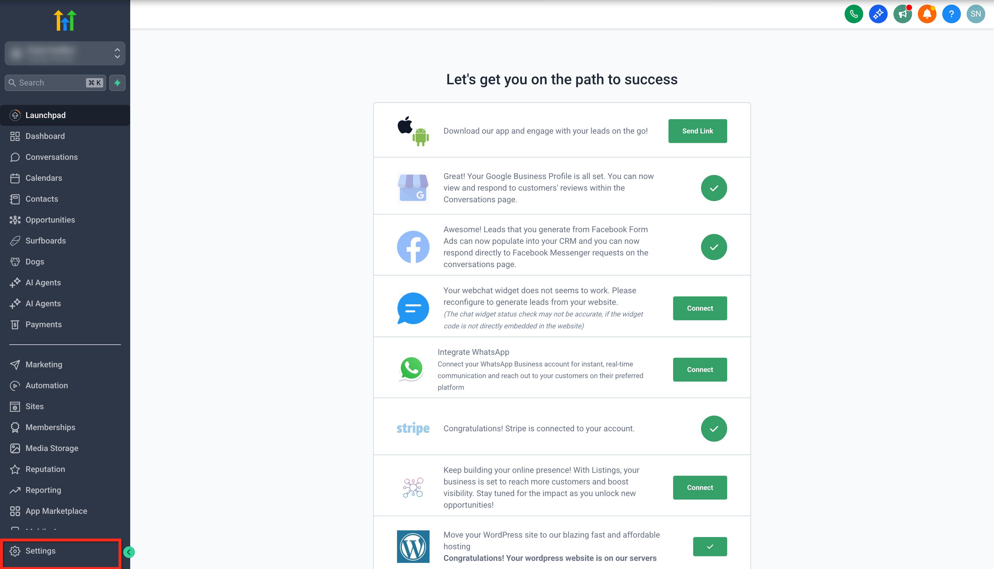 Settings navigation in sub-account