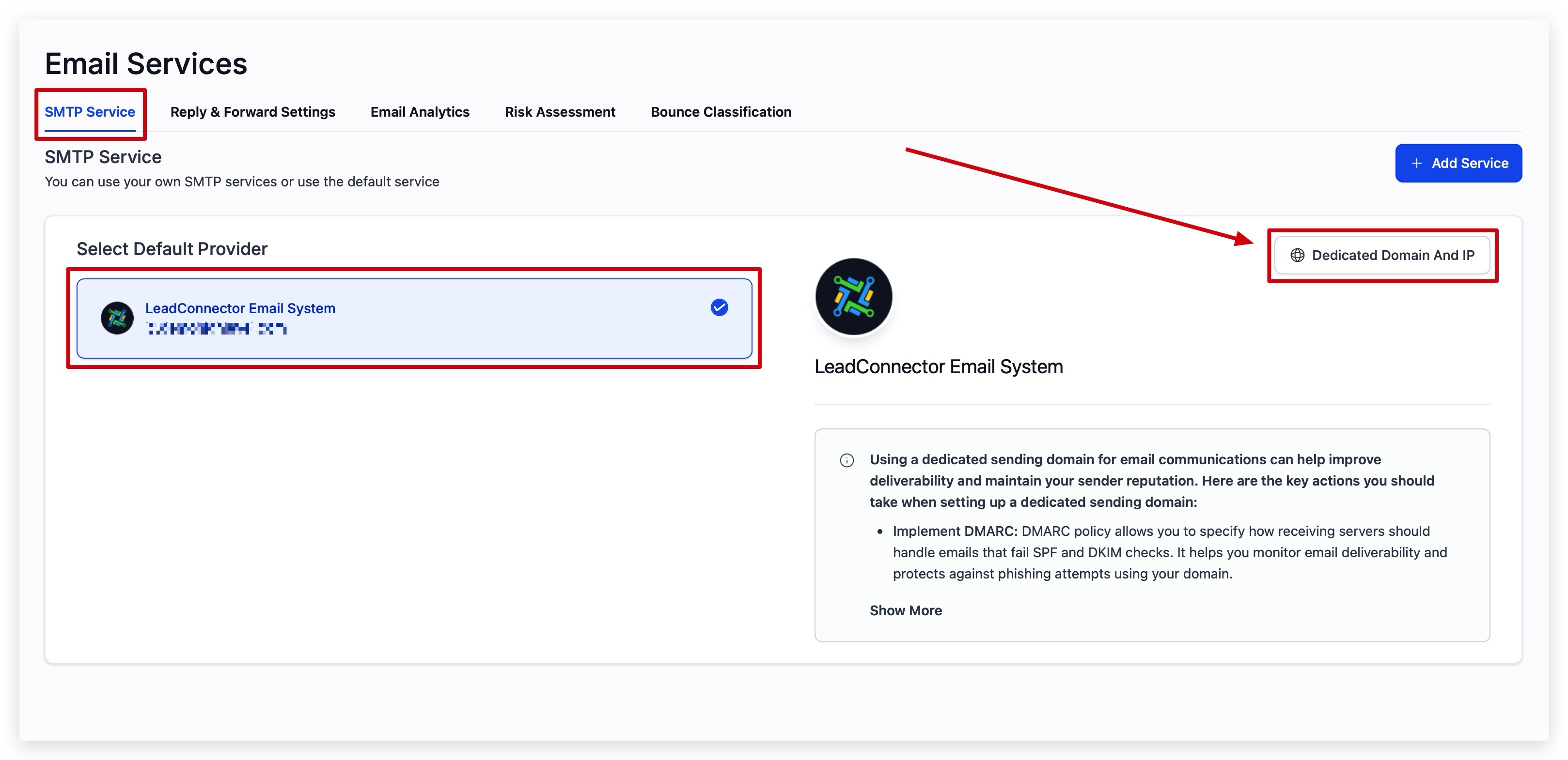 Dedicated Domain and IP button in Email Services settings