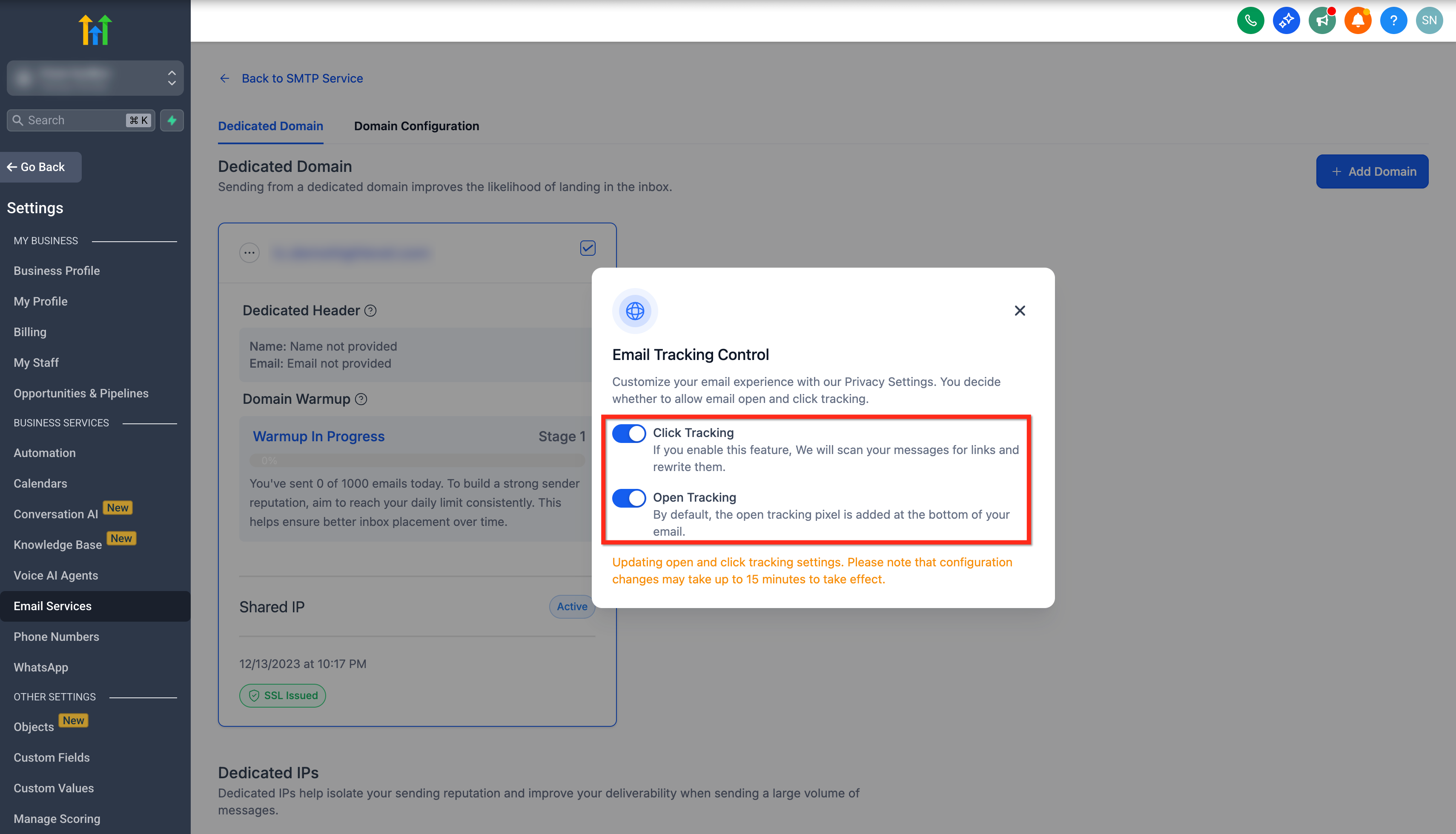 Domain Settings pop-up showing Click Tracking and Open Tracking toggles