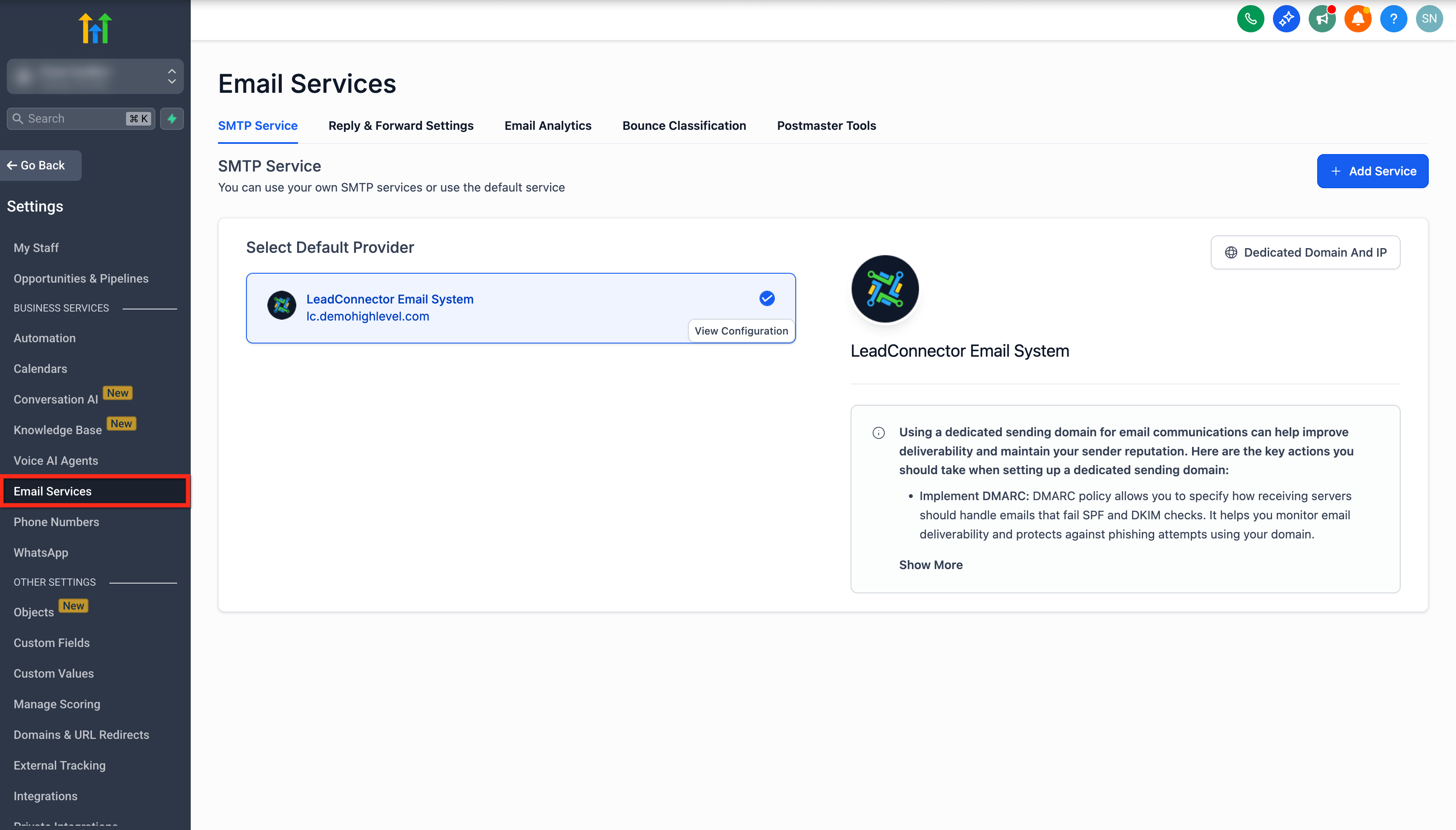 Email Services tab in Settings
