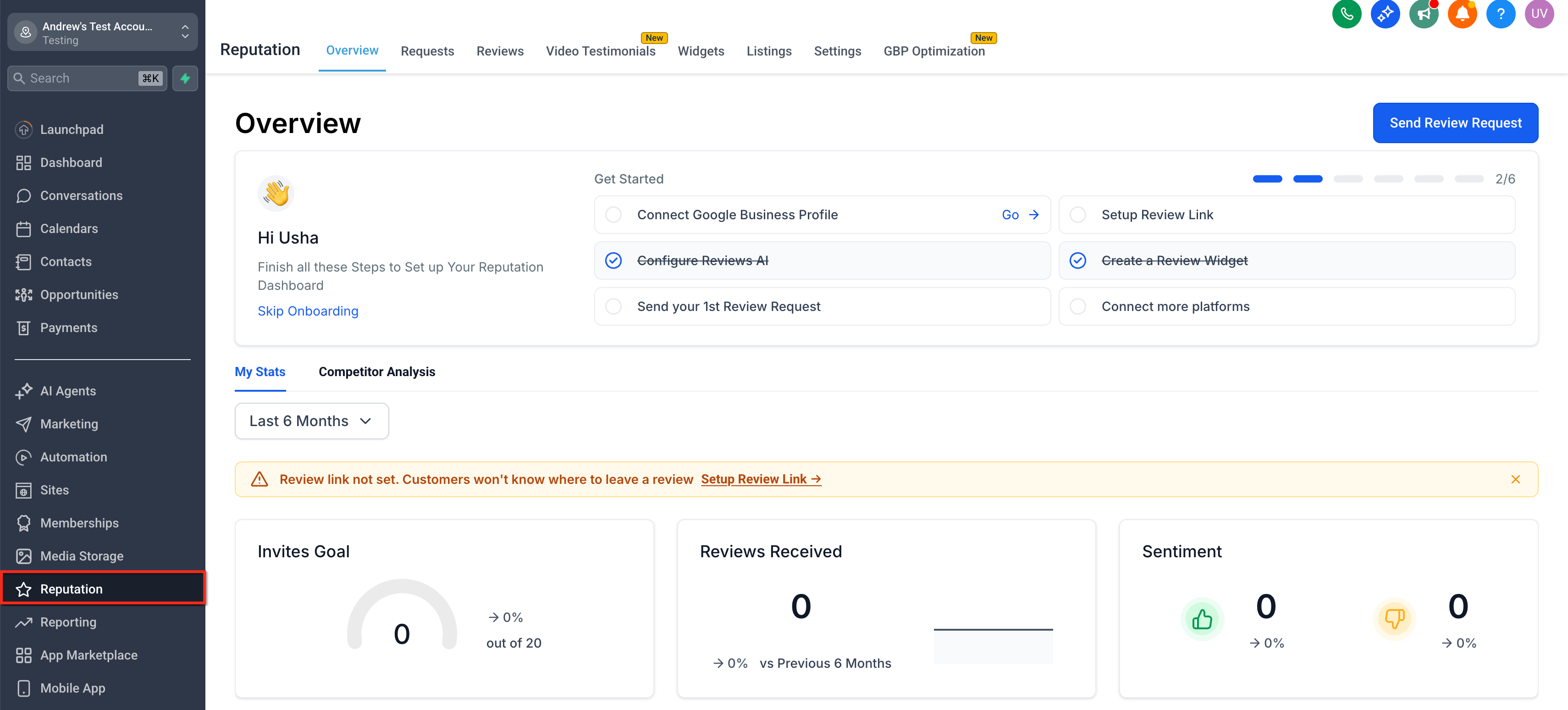 Chat To Clients CRM Reputation Overview page with Reputation highlighted in the navigation.