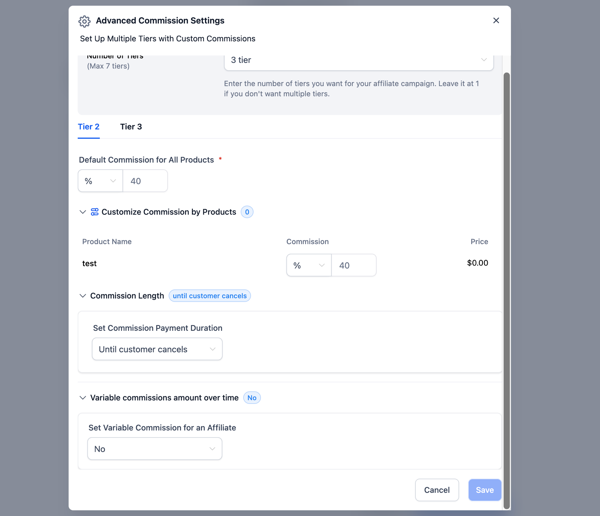 Tier 2 commission settings with default and product-specific commission options