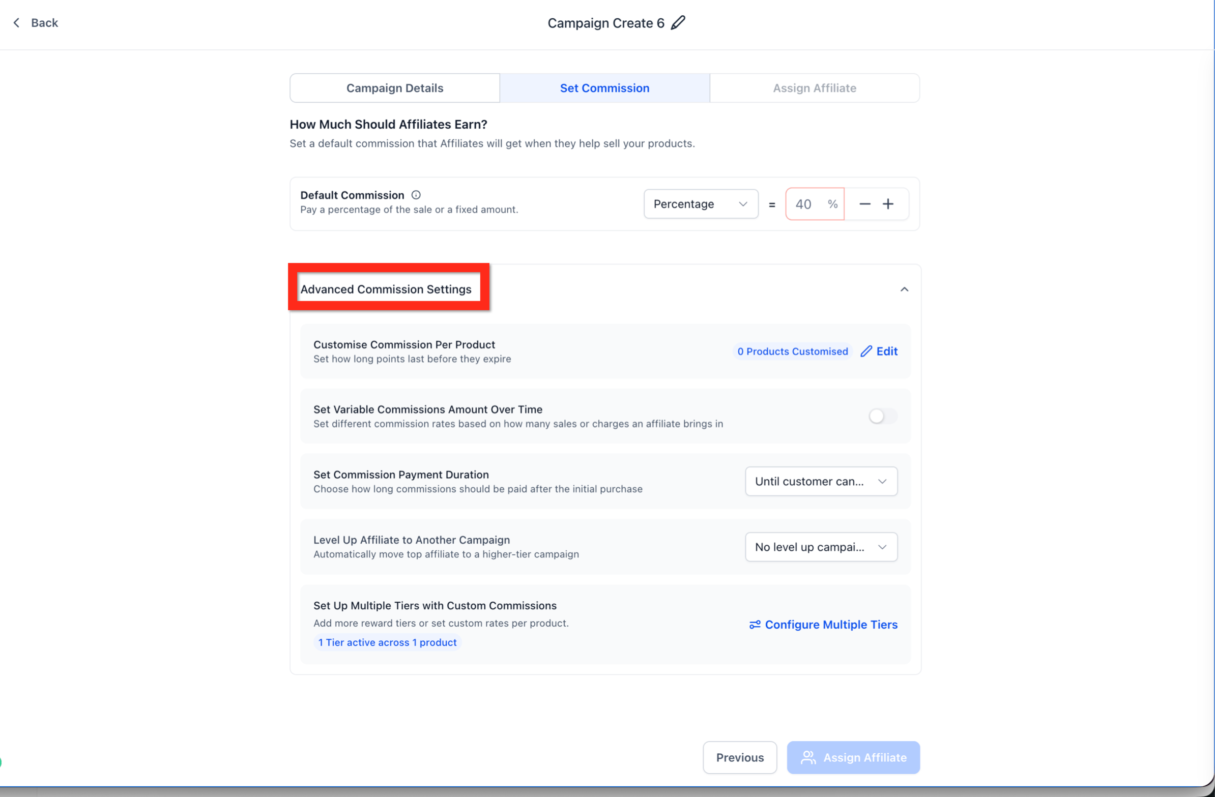 Commissions step with default and product-specific commission controls
