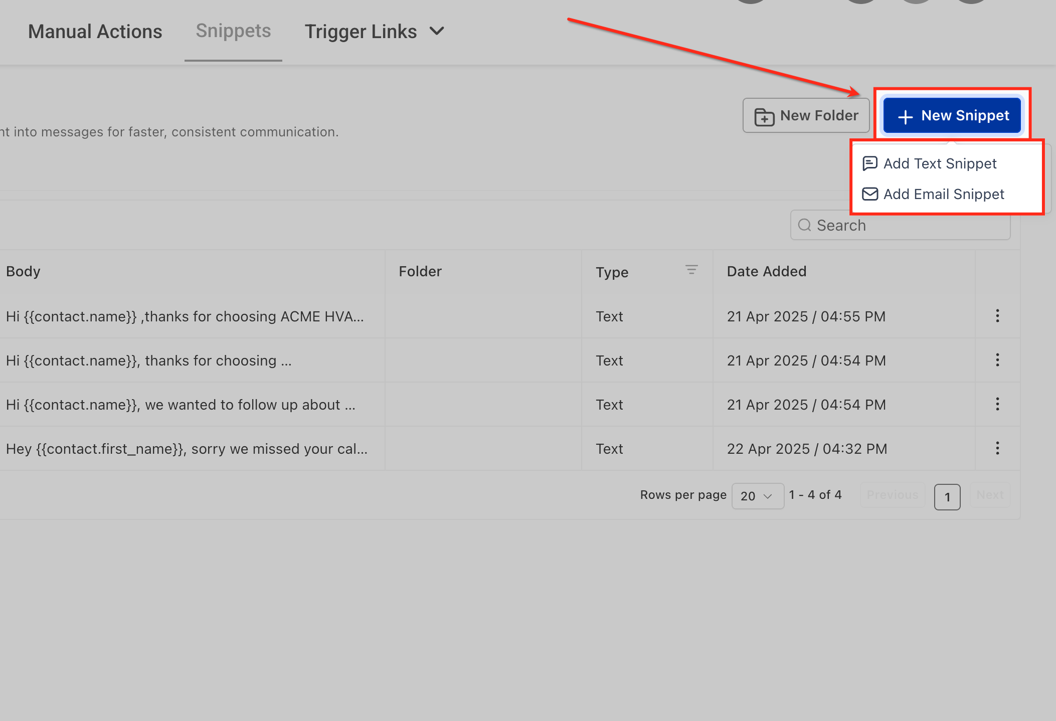 HiRise Snippets dashboard showing New Folder and New Snippet with Text and Email Snippet options