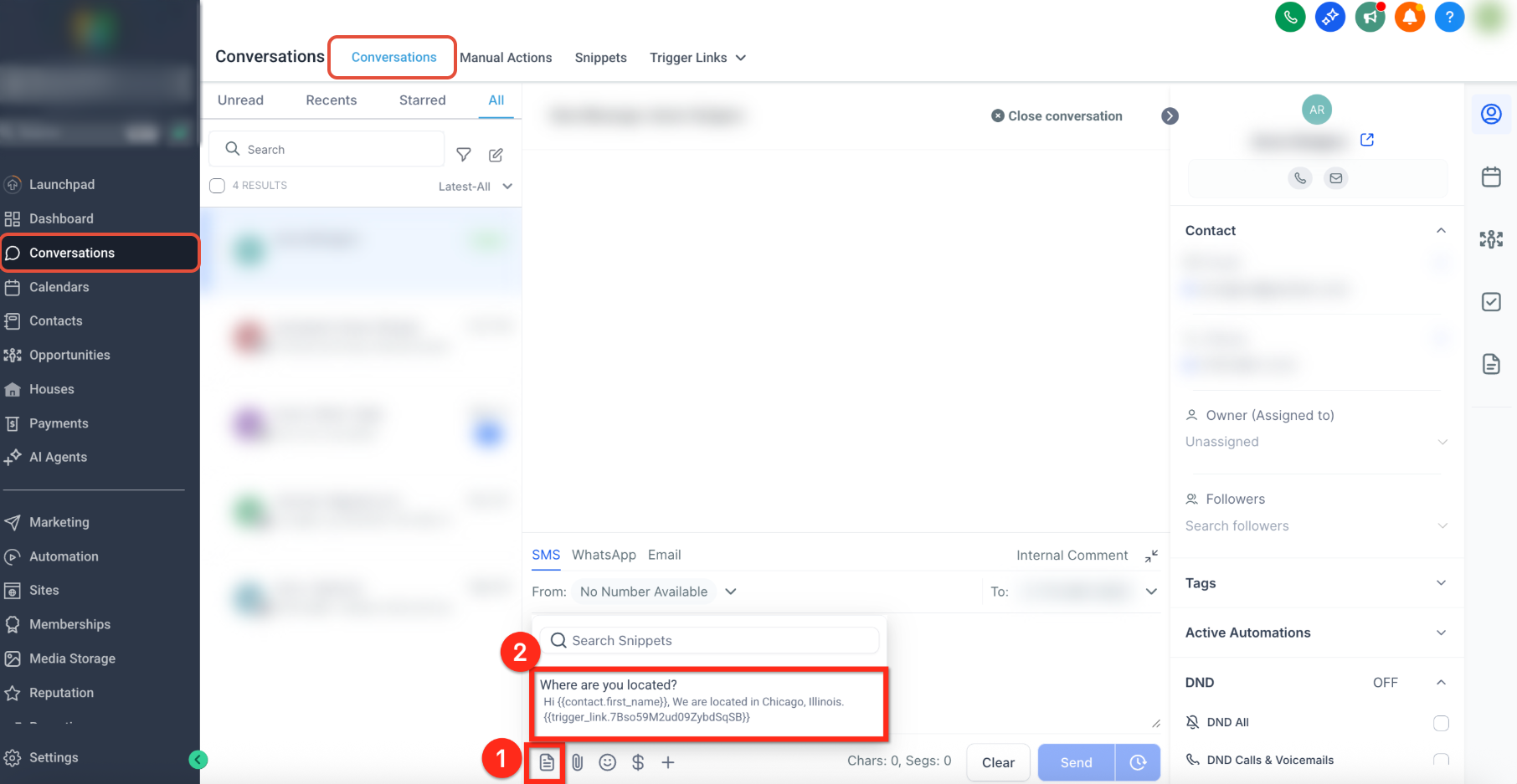 Conversation composer showing the Snippets picker for selecting reusable message content