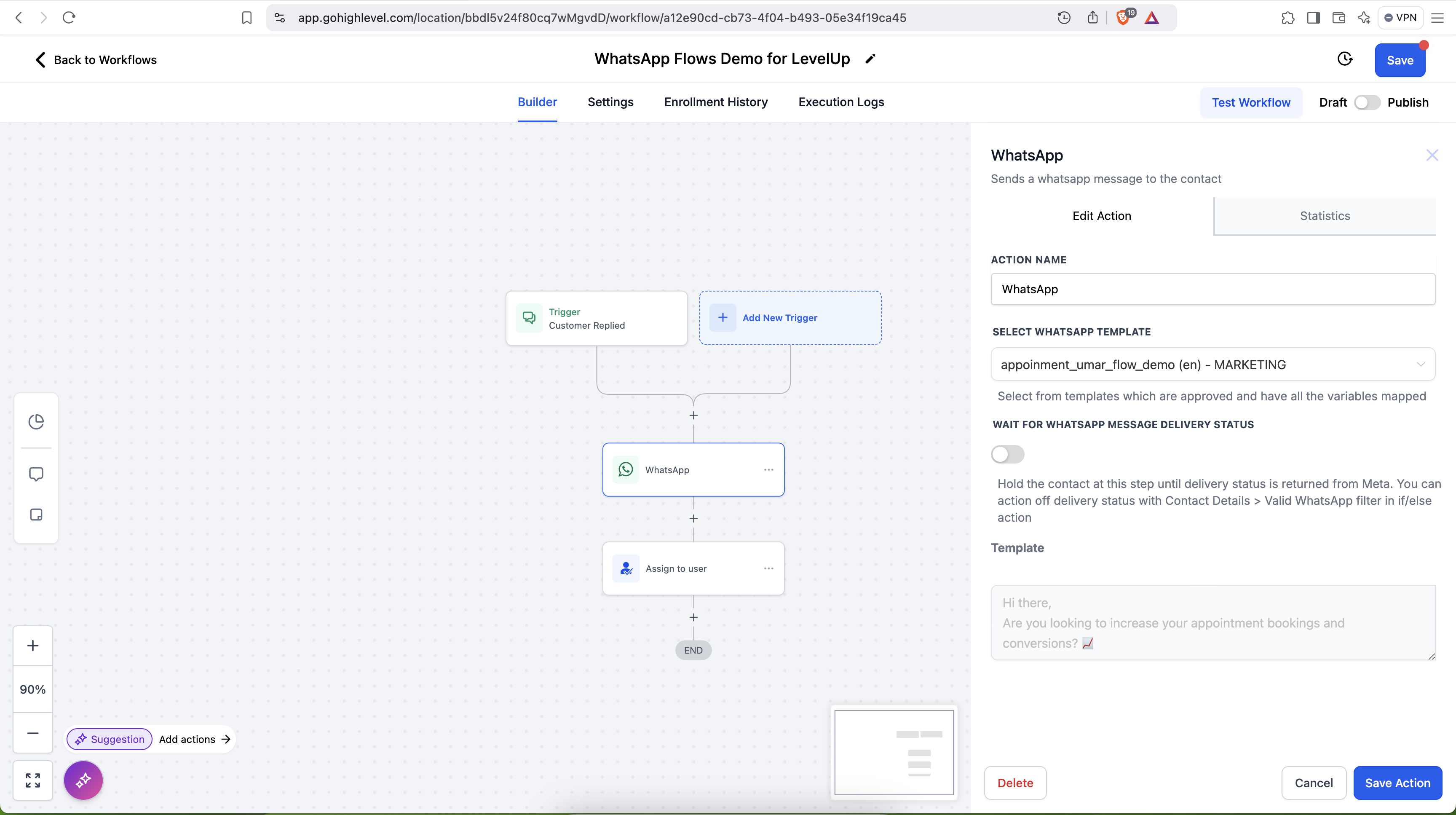 WhatsApp action with Flow