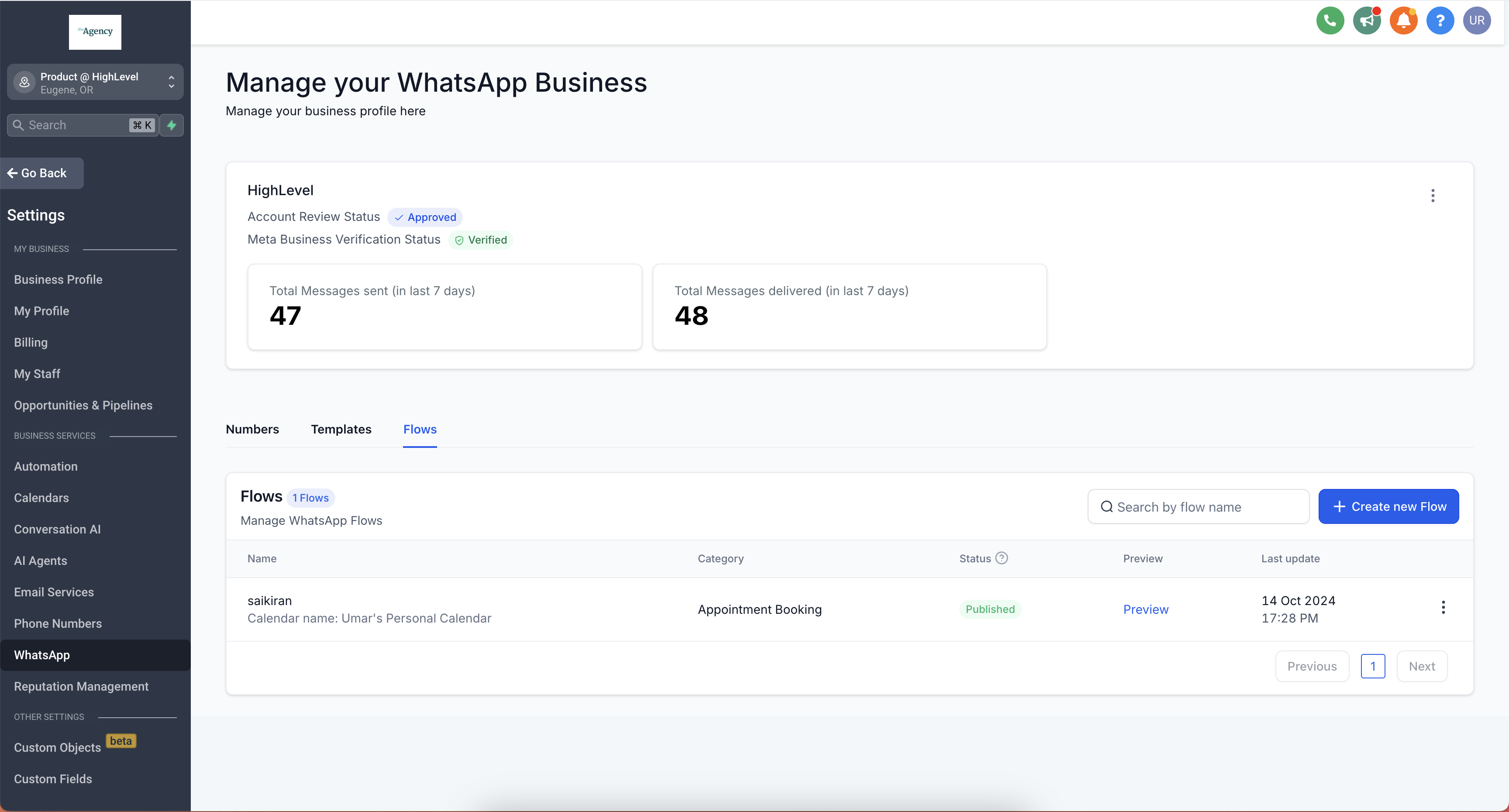 WhatsApp Flows settings page