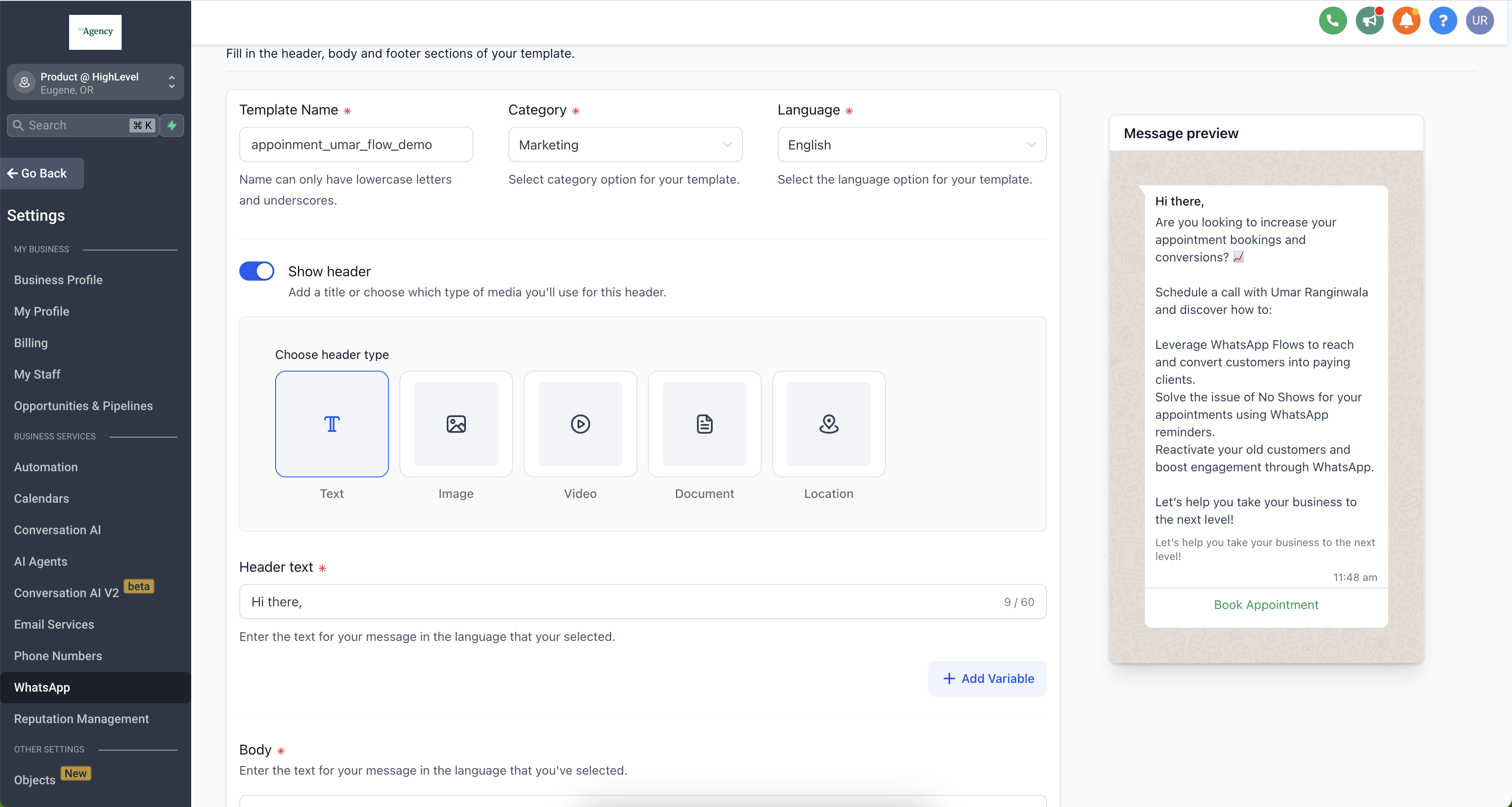 Template configuration