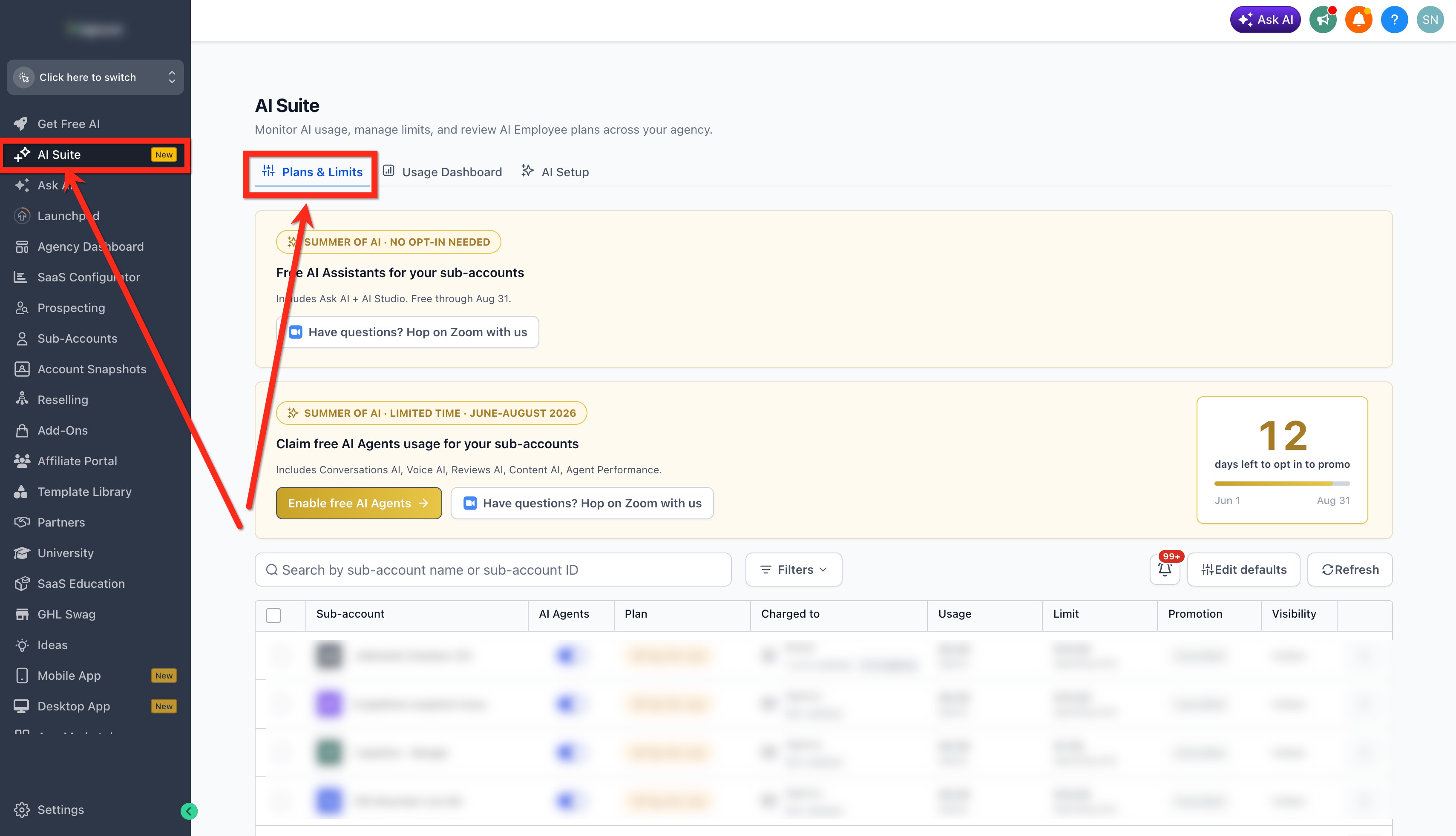 AI Suite Plans and Limits in Agency View